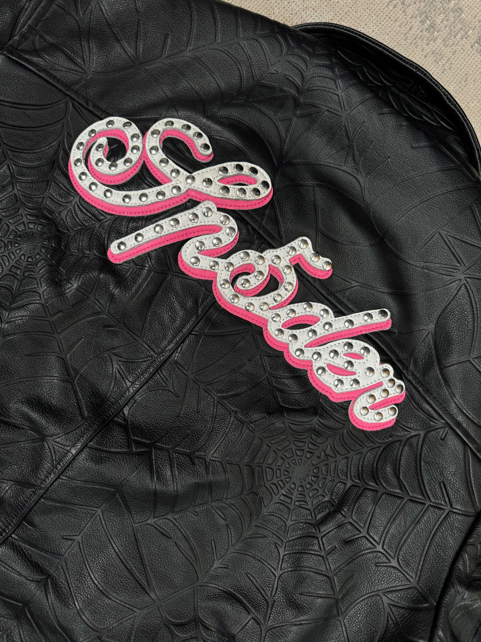 Sp5der Debossed Web Leather Jacket - Black Sp5der