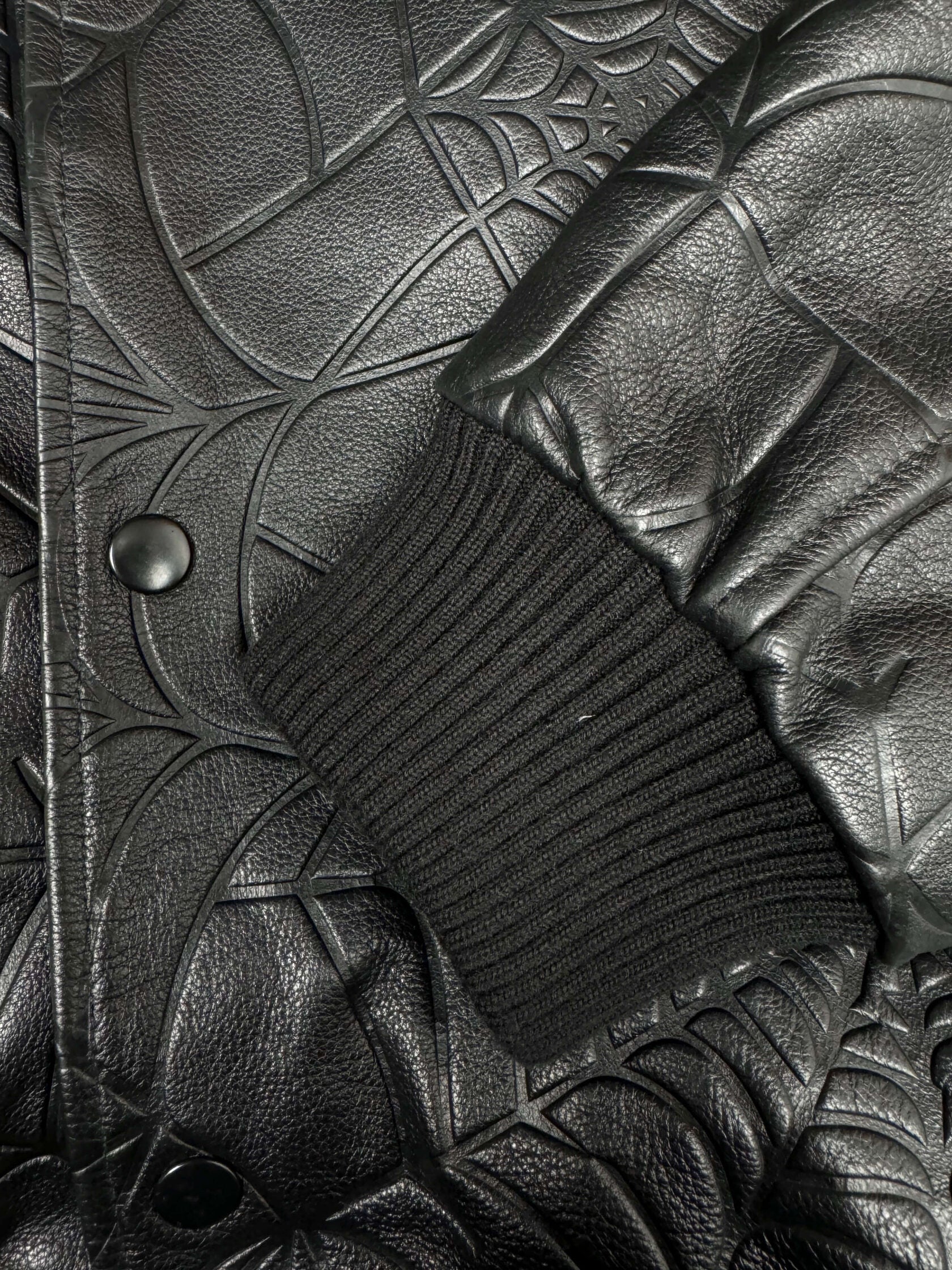 Sp5der Debossed Web Leather Jacket - Black Sp5der