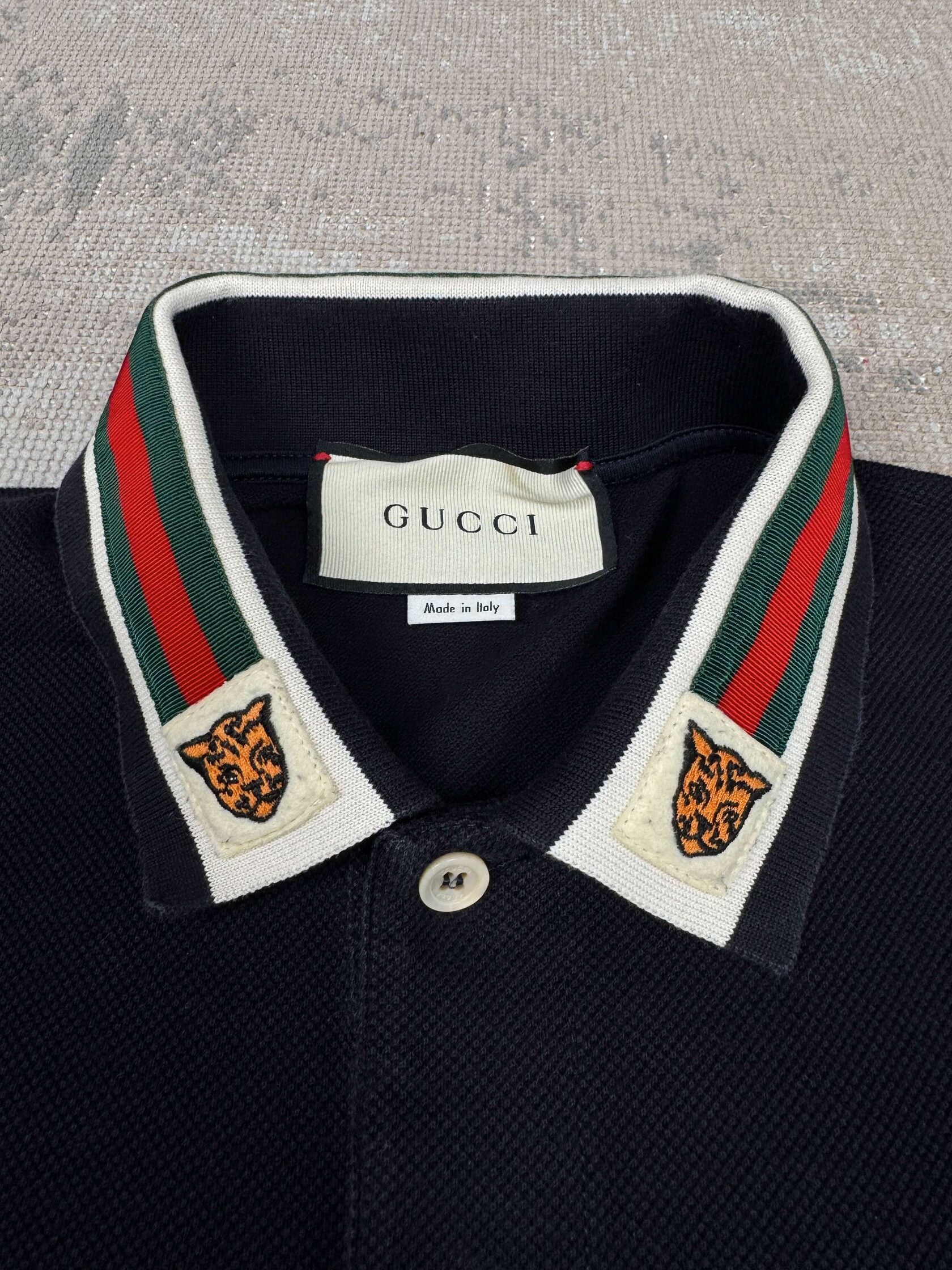Gucci Stripe Tiger Embroidered Collar Polo - Navy Gucci