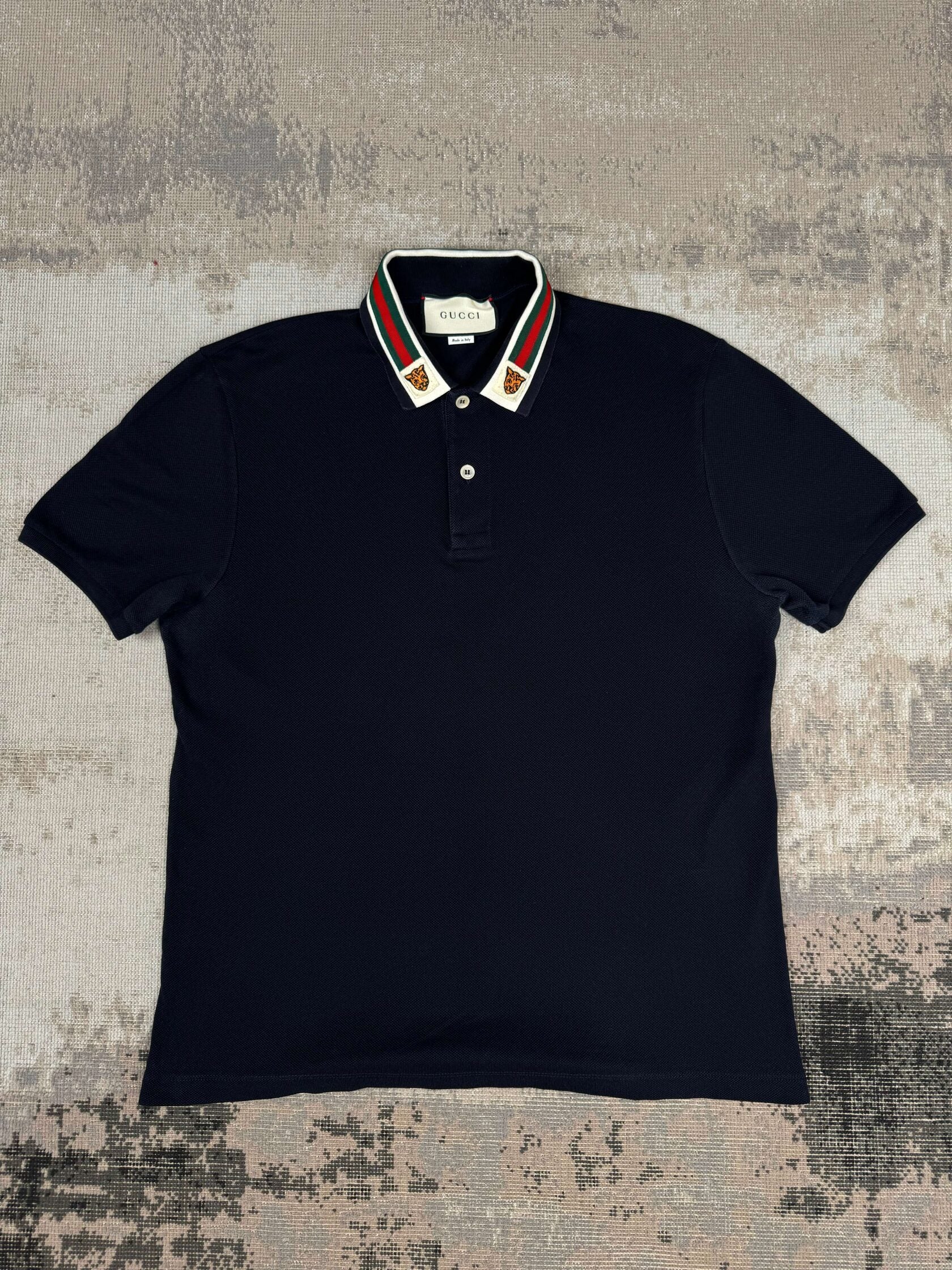 Gucci Stripe Tiger Embroidered Collar Polo - Navy Gucci