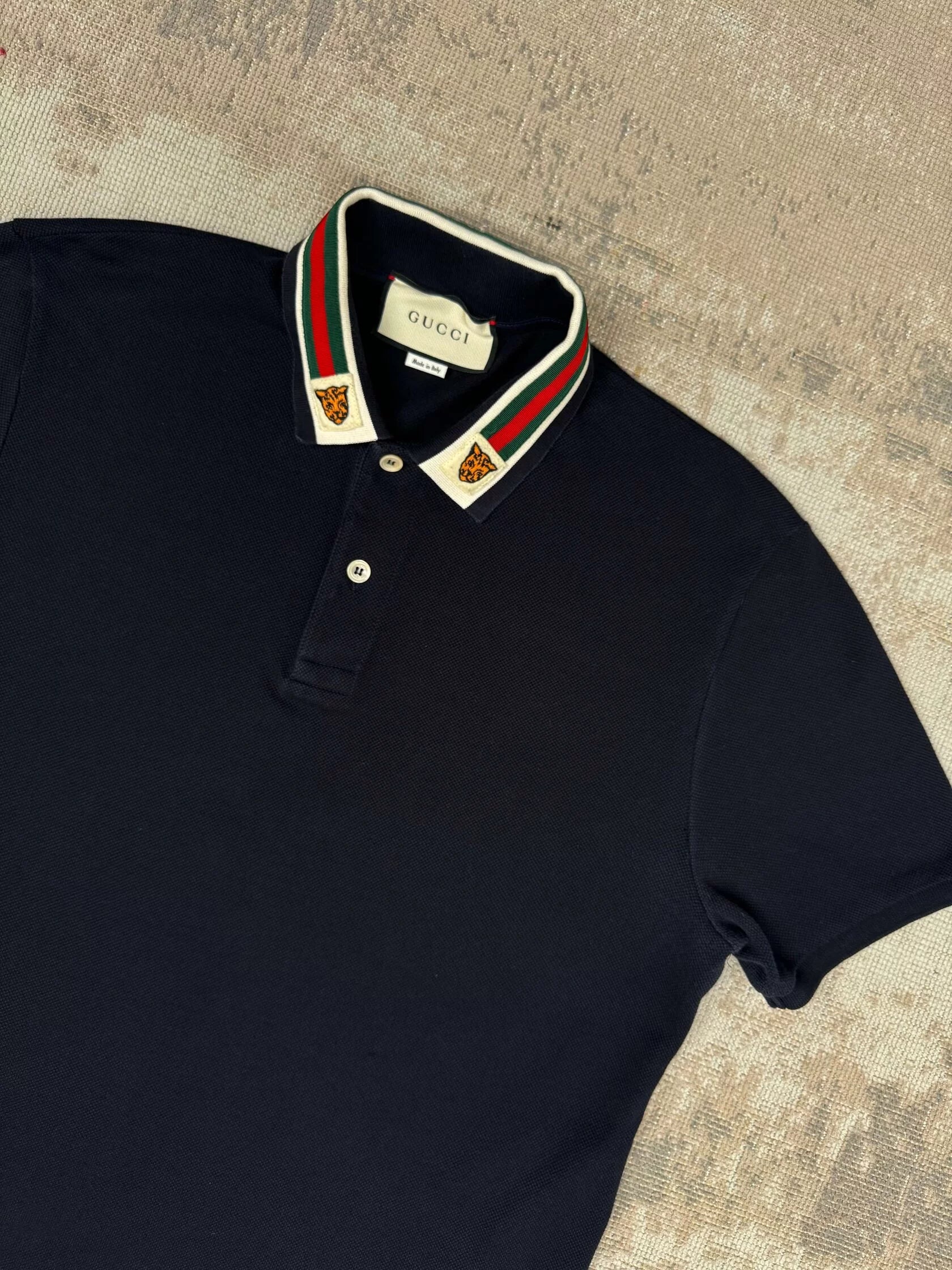 Gucci Stripe Tiger Embroidered Collar Polo - Navy Gucci
