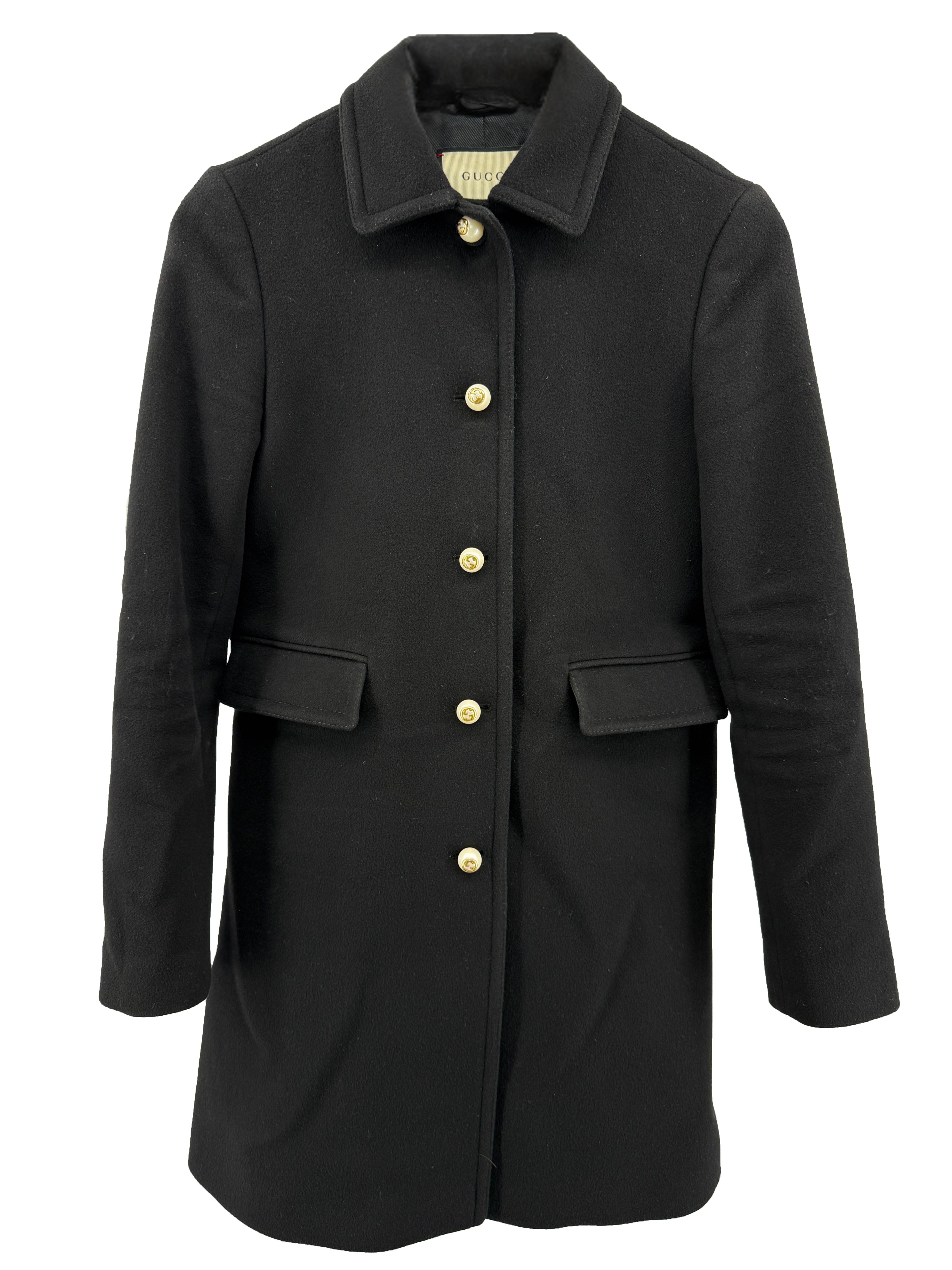 WOMEN'S Gucci Pearl GG Button Wool Coat - Black