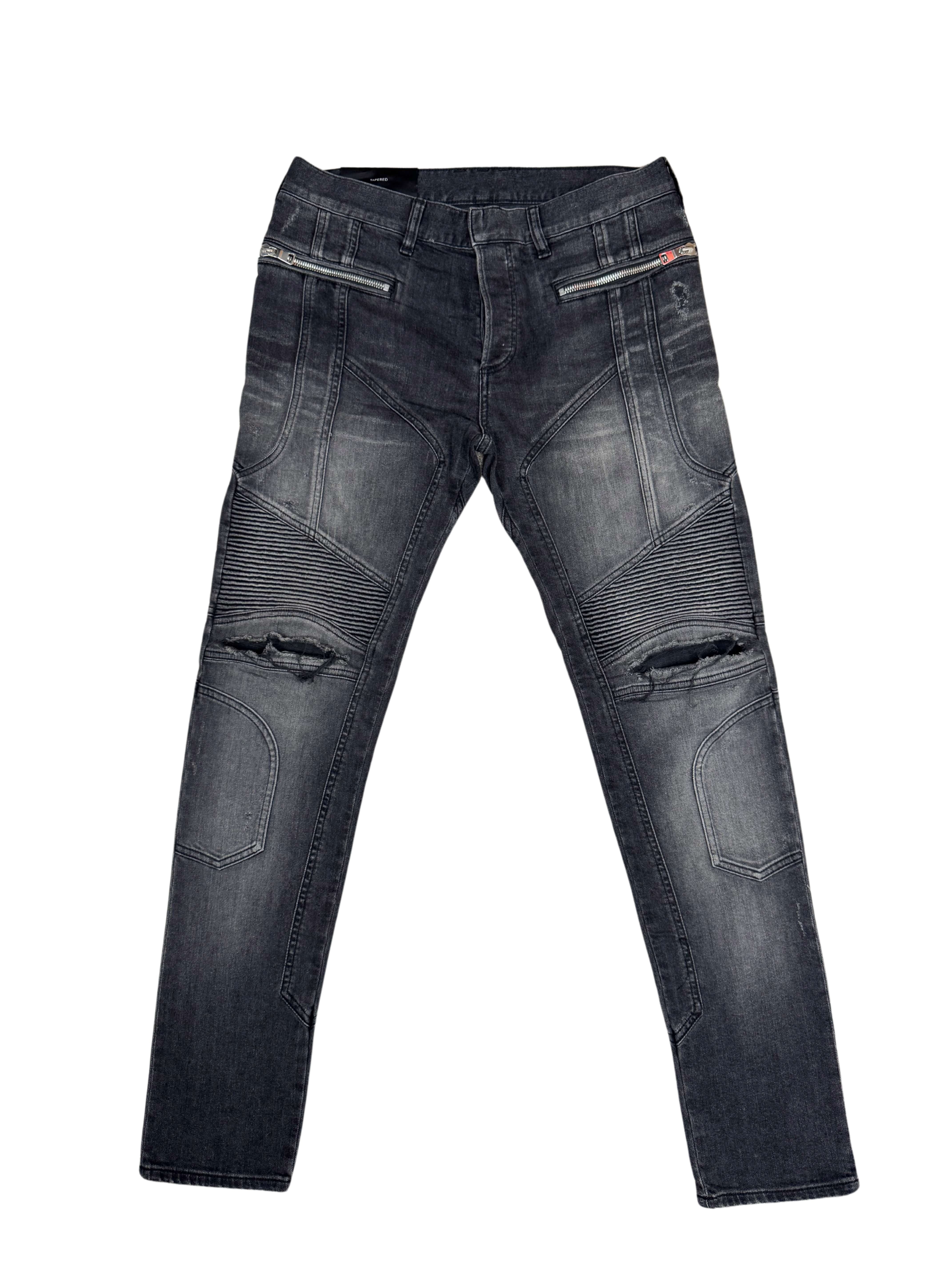 Balmain Tapered Biker Jeans - Grey Denim