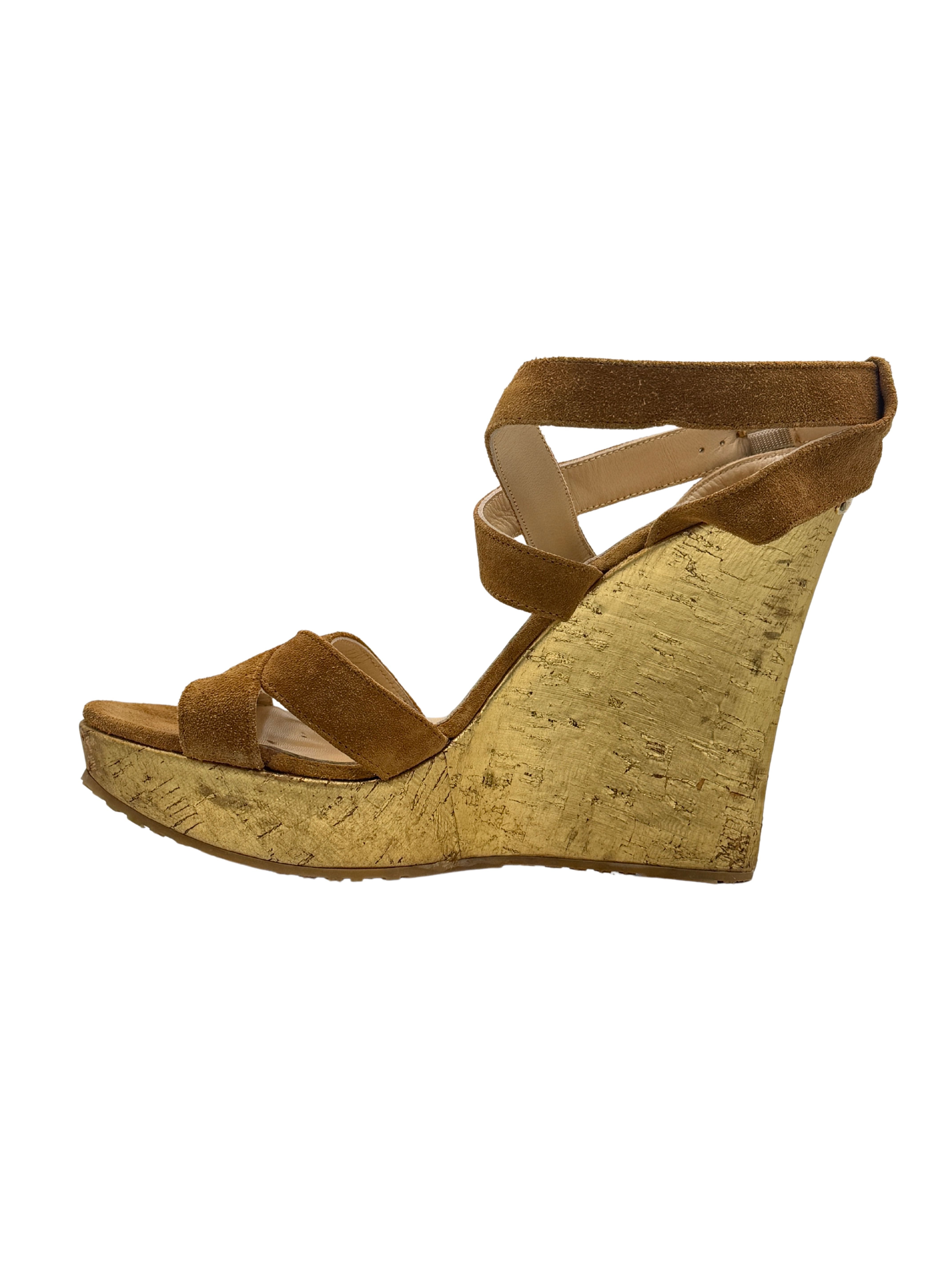 Jimmy Choo Gold Metallic Cork Wedge Platform Sandals - Brown