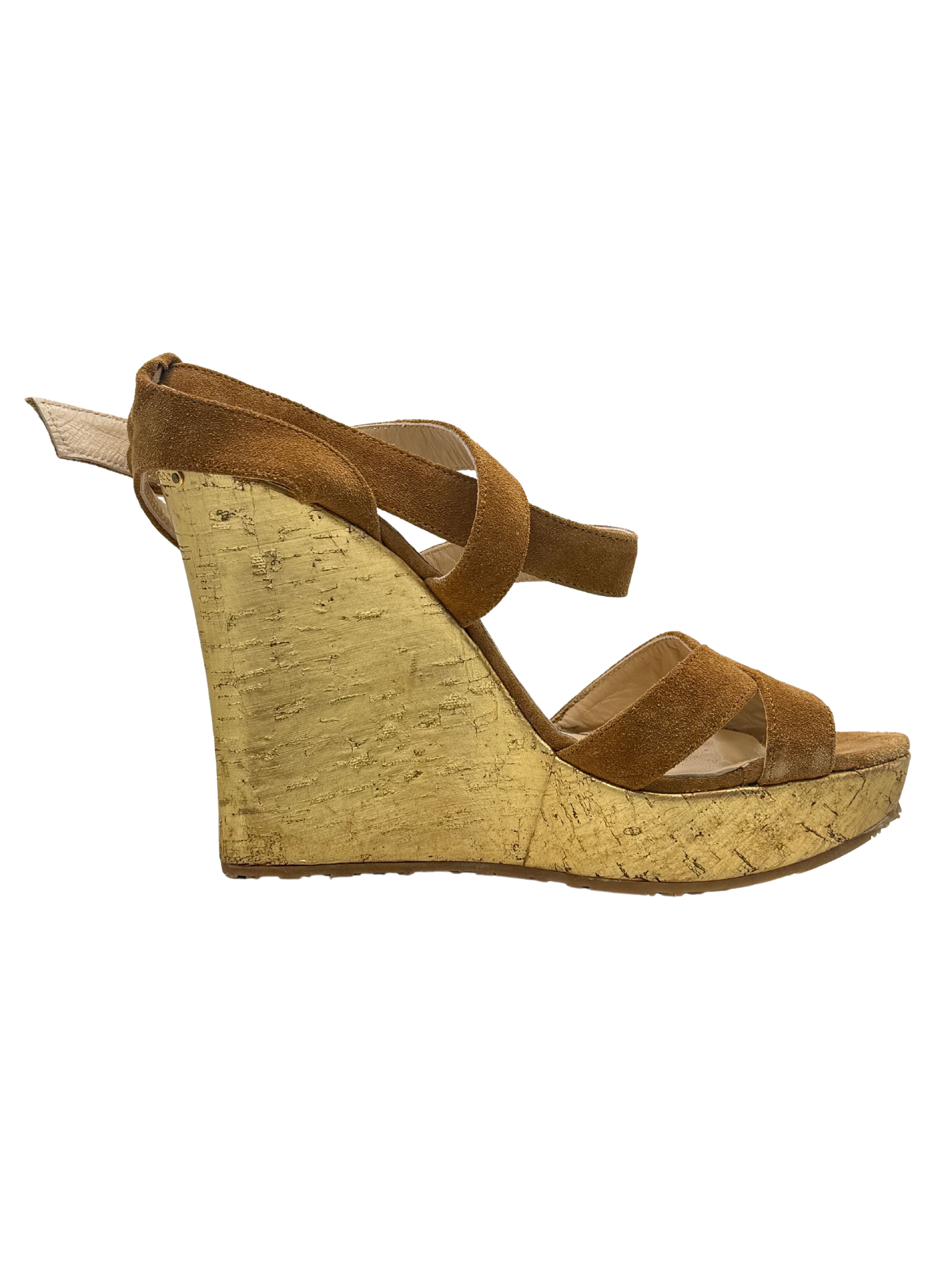 Jimmy Choo Gold Metallic Cork Wedge Platform Sandals - Brown