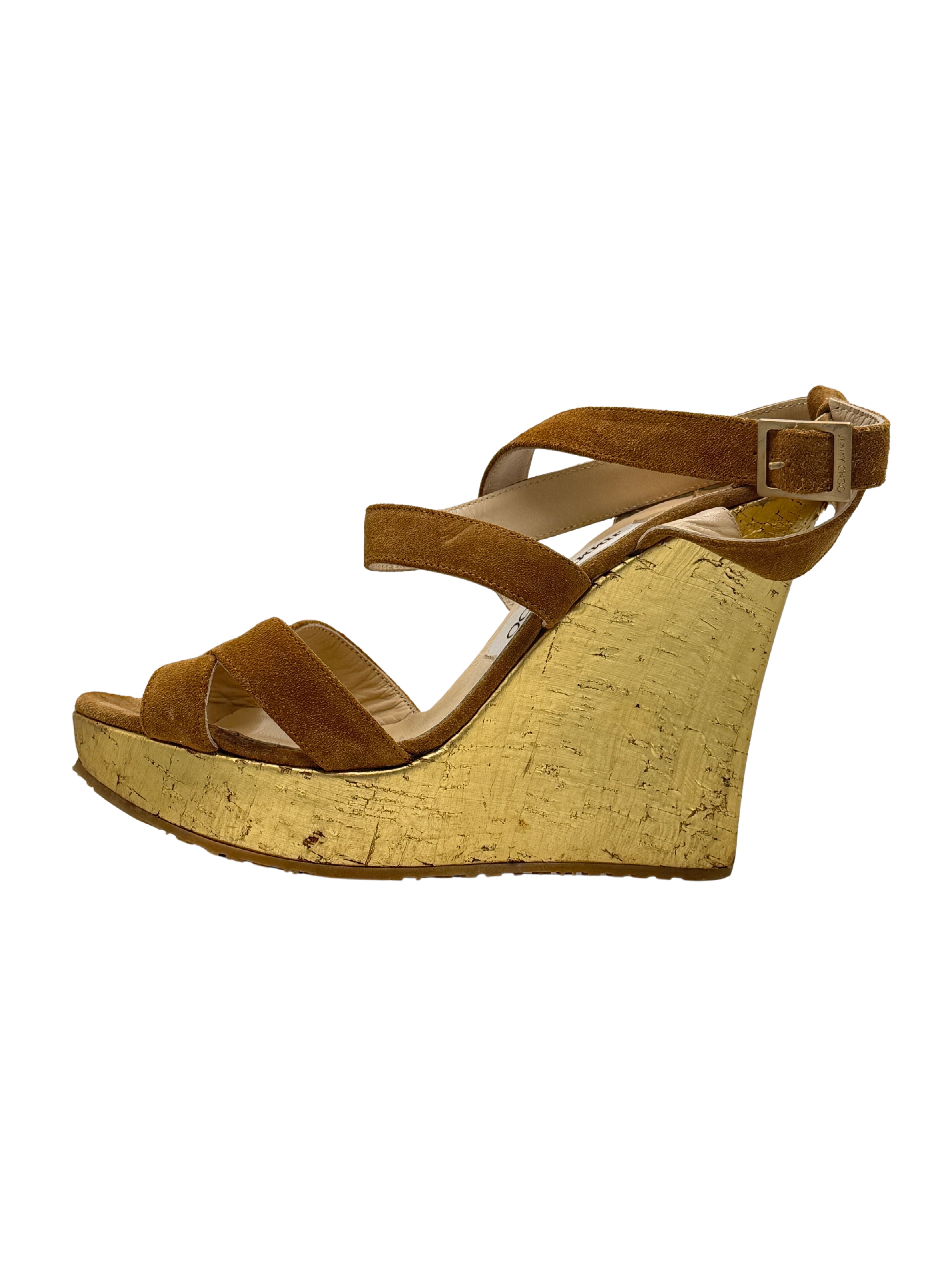 Jimmy Choo Gold Metallic Cork Wedge Platform Sandals - Brown