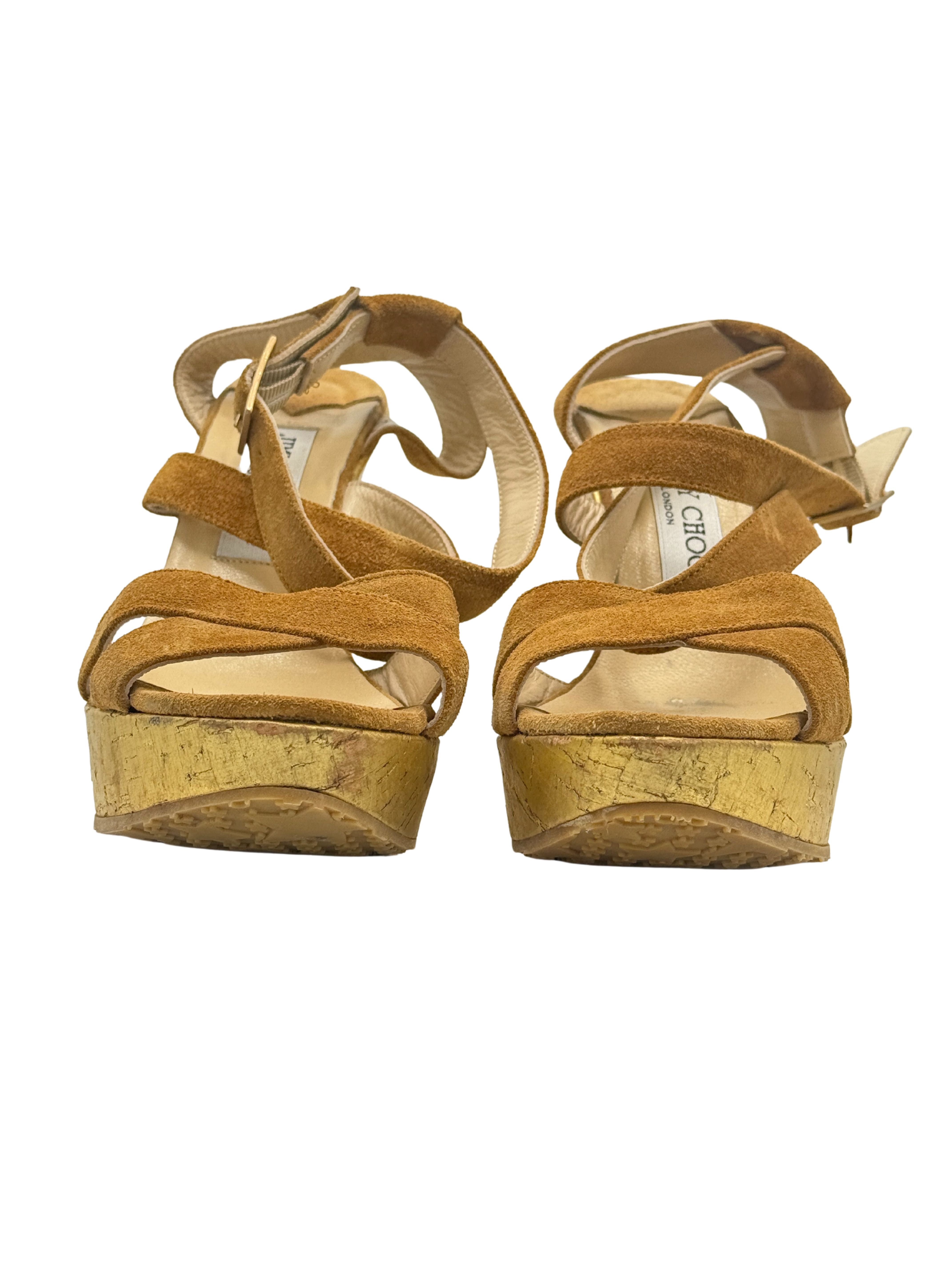Jimmy Choo Gold Metallic Cork Wedge Platform Sandals - Brown