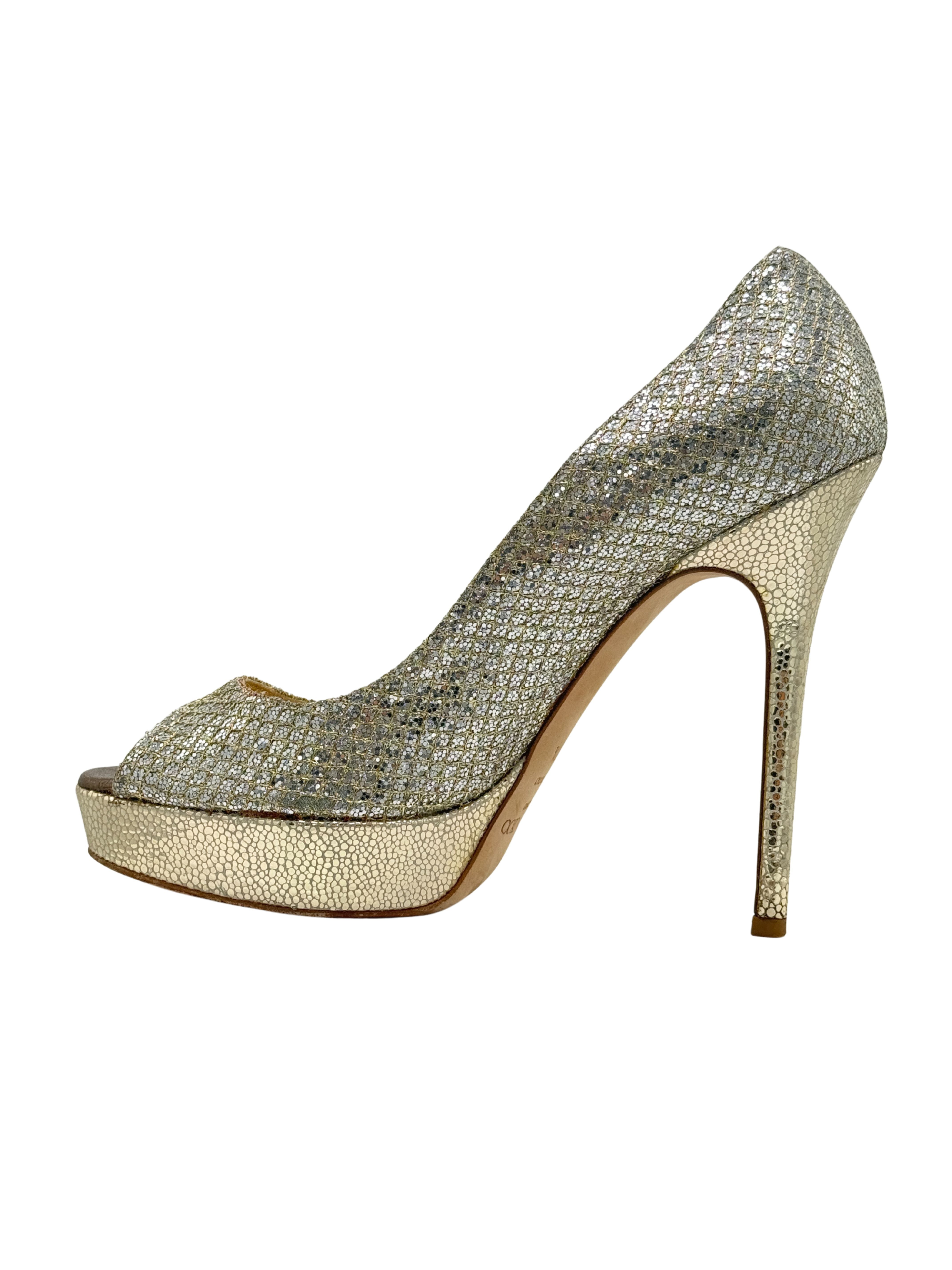 Jimmy Choo Metallic Glitter Dahlia Peep Toe Platform Pumps - Champagne