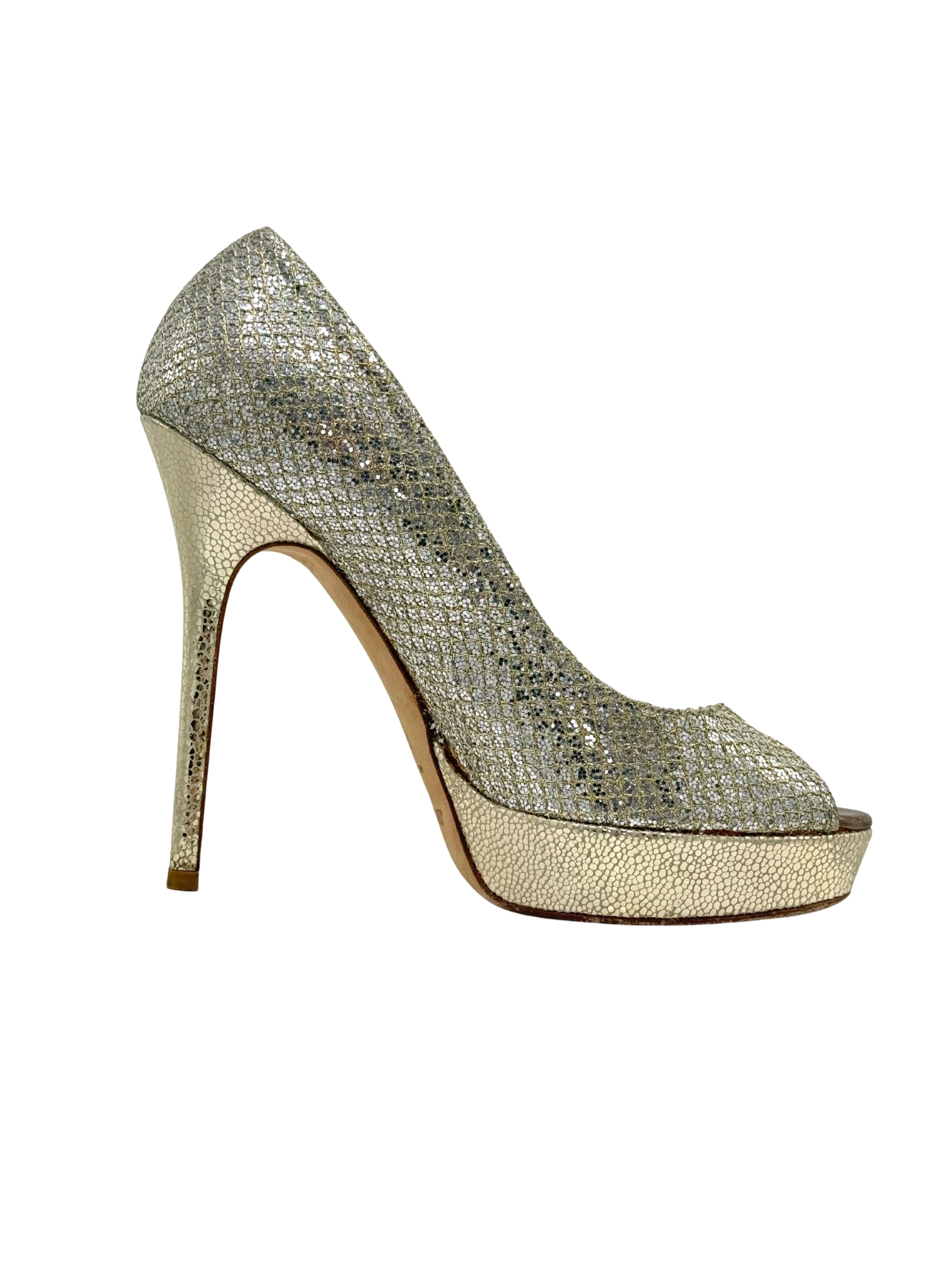 Jimmy Choo Metallic Glitter Dahlia Peep Toe Platform Pumps - Champagne