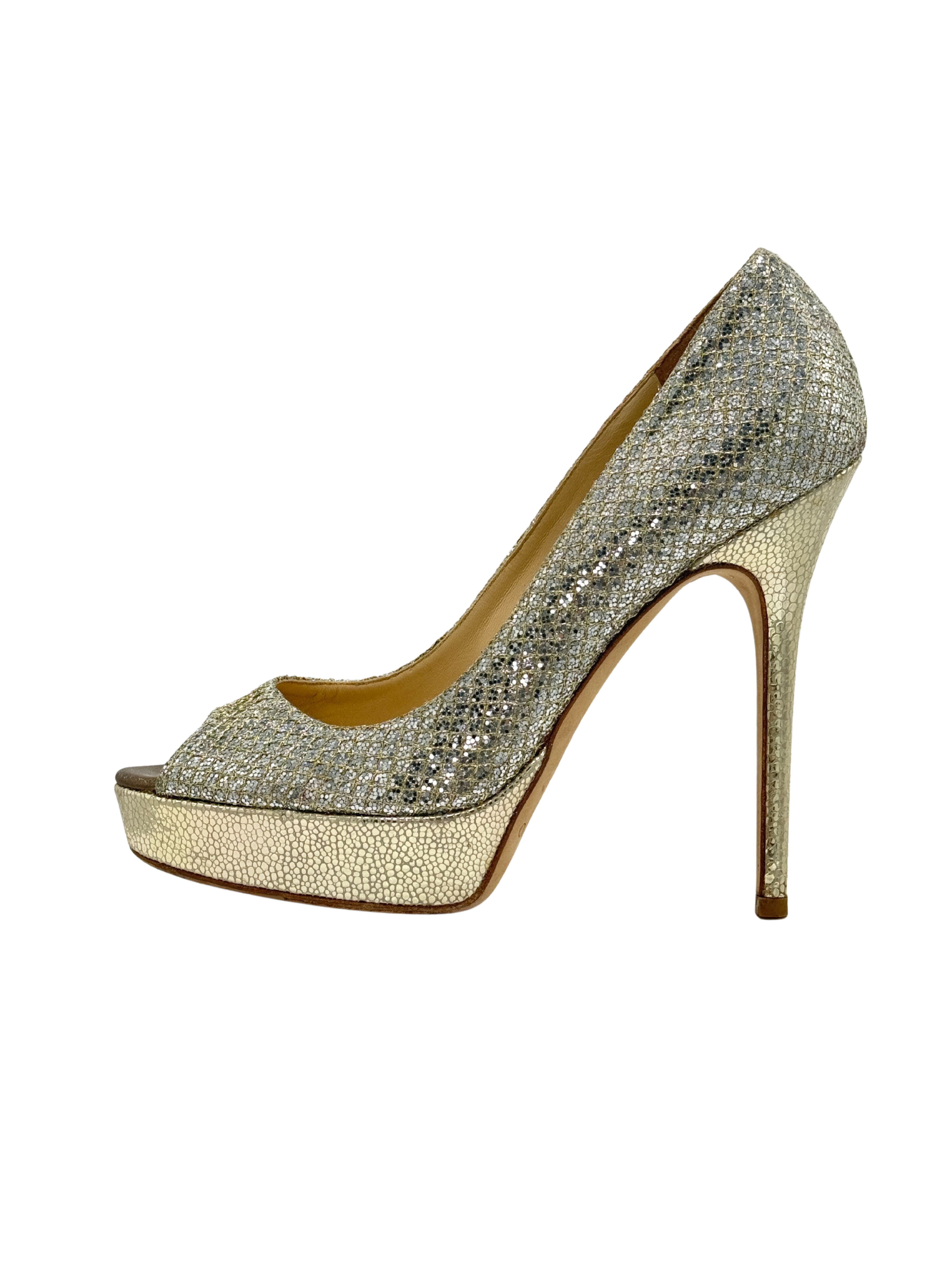 Jimmy Choo Metallic Glitter Dahlia Peep Toe Platform Pumps - Champagne