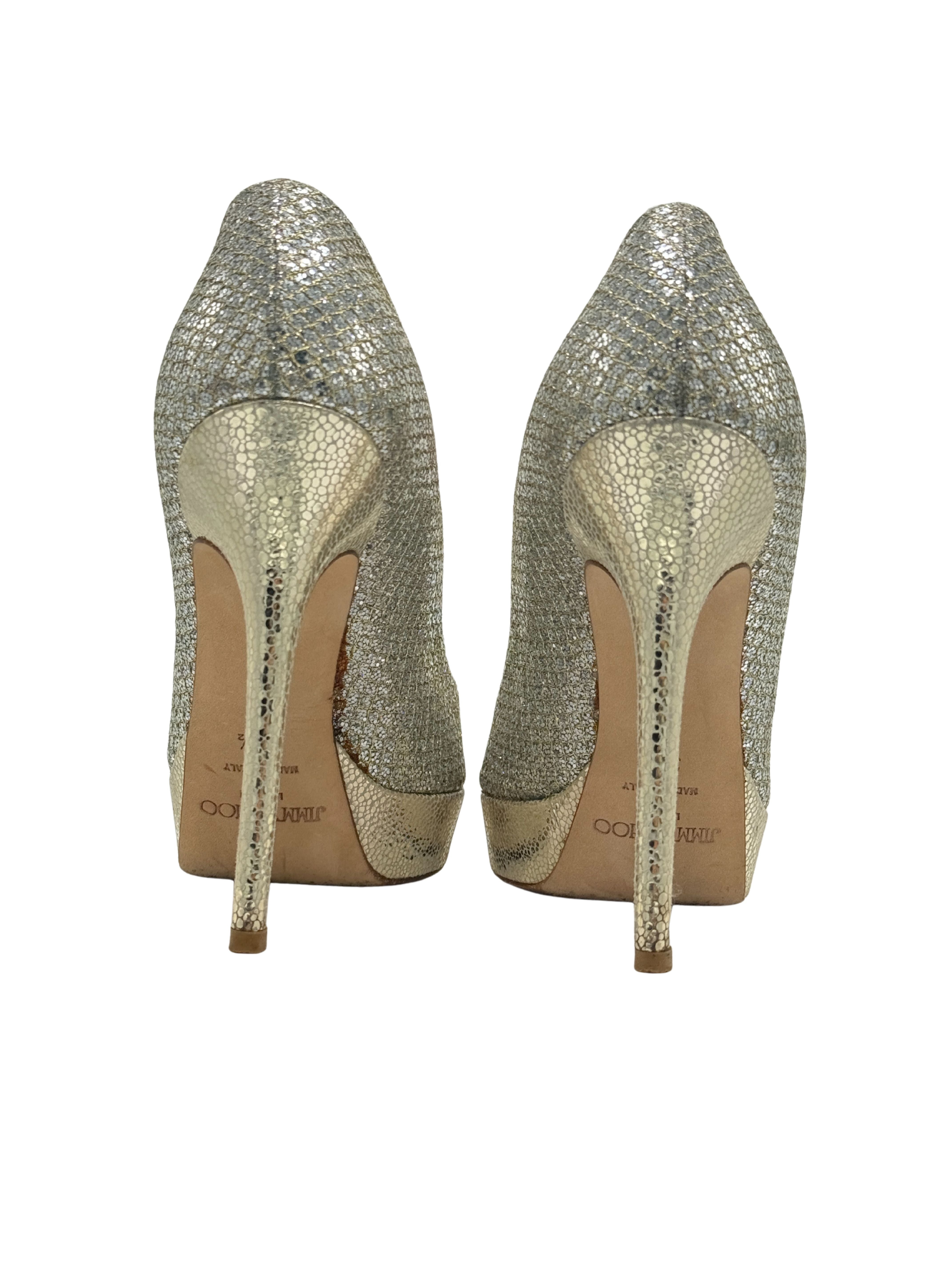 Jimmy Choo Metallic Glitter Dahlia Peep Toe Platform Pumps - Champagne