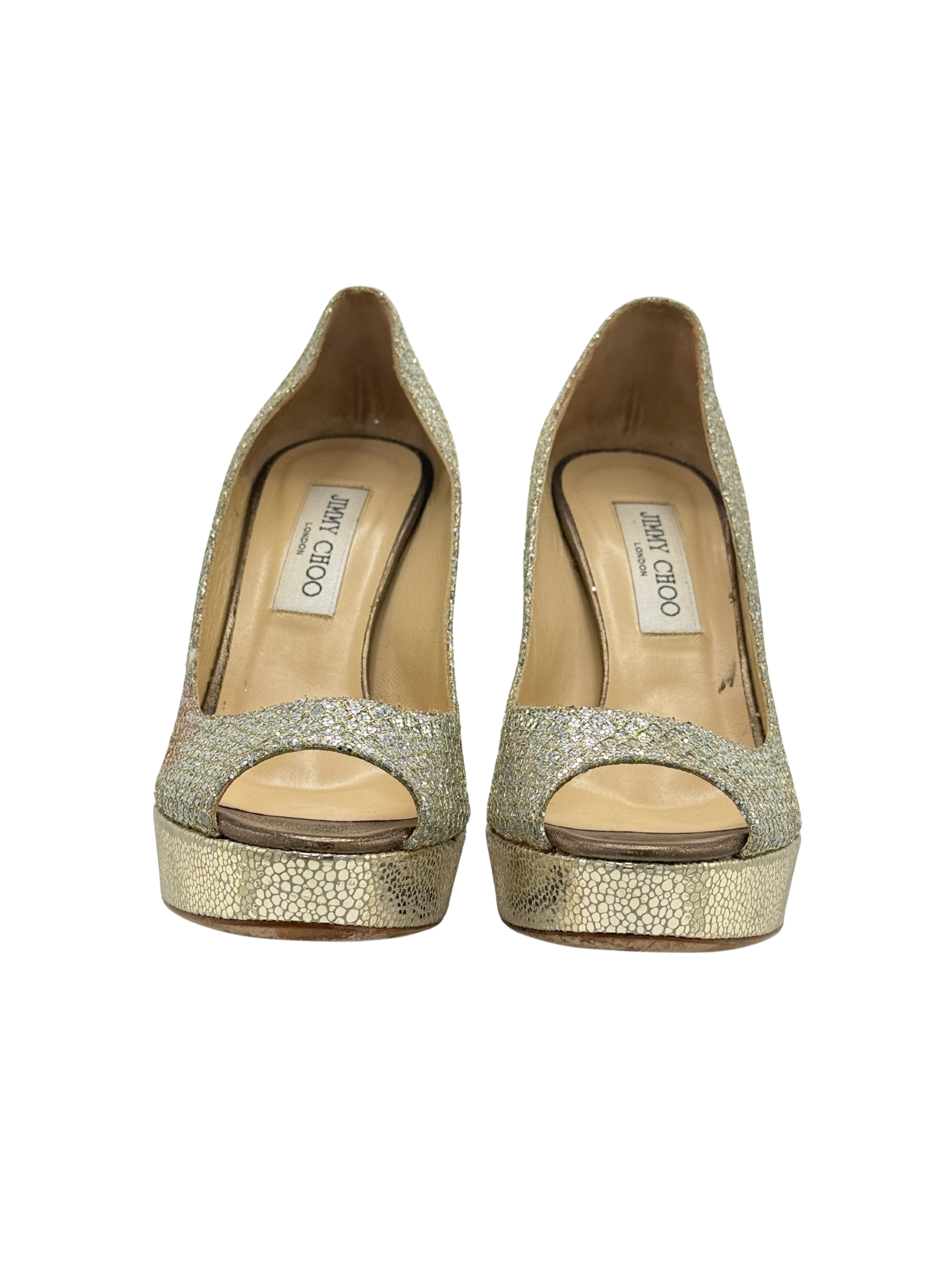 Jimmy Choo Metallic Glitter Dahlia Peep Toe Platform Pumps - Champagne