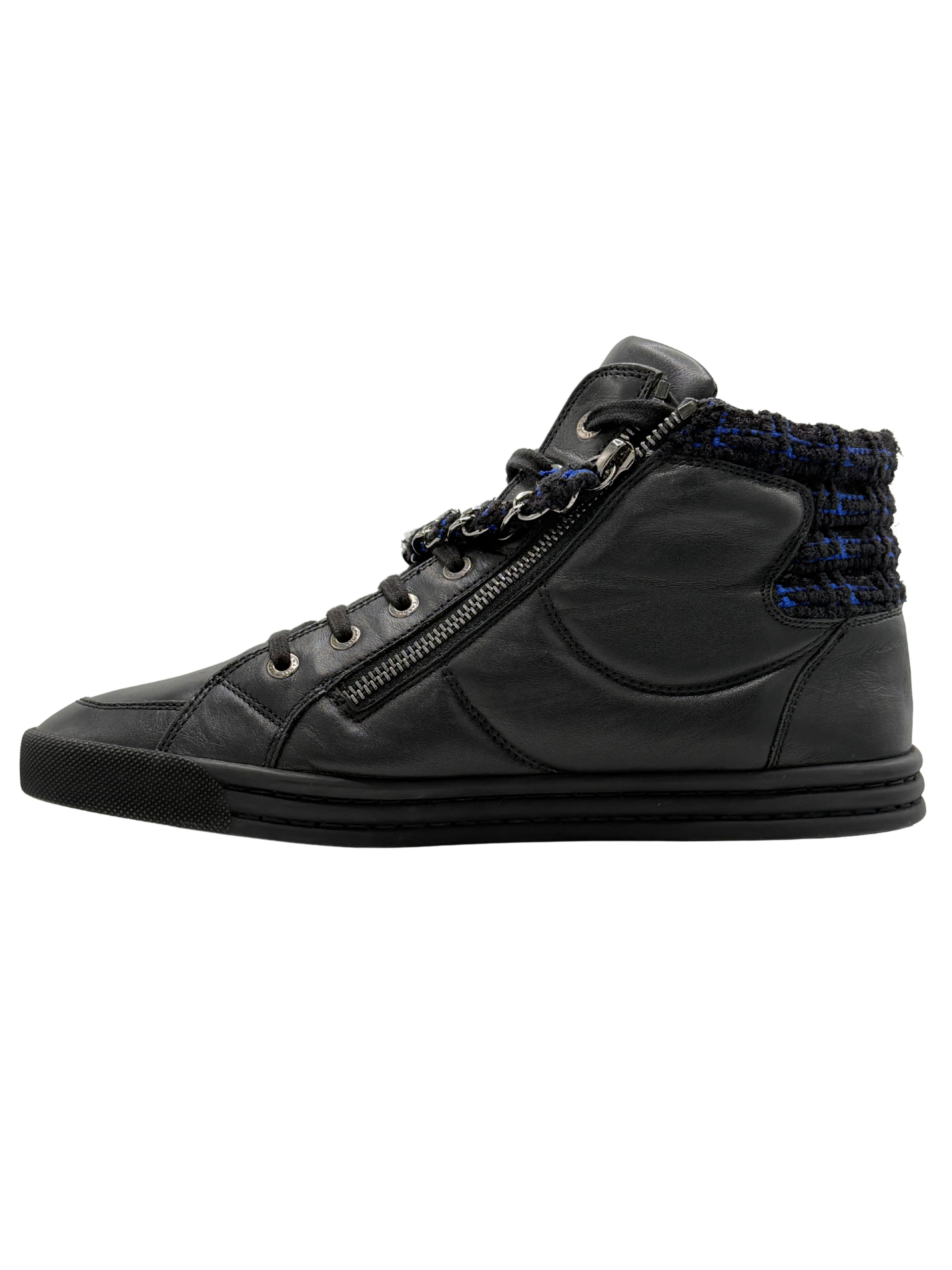 WOMEN'S Chanel Black Leather CC Chain Link High Top Sneakers - Black