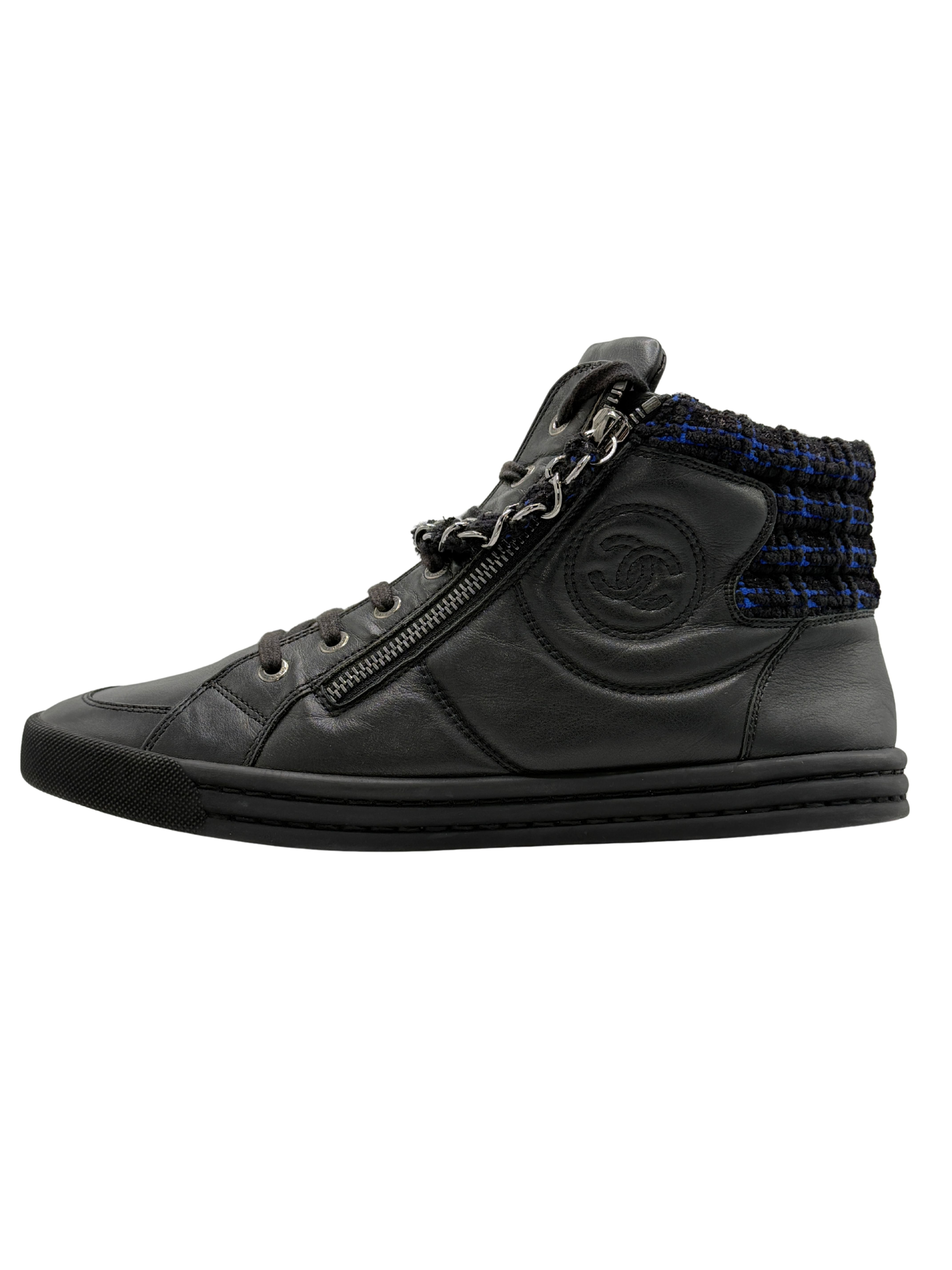WOMEN'S Chanel Black Leather CC Chain Link High Top Sneakers - Black