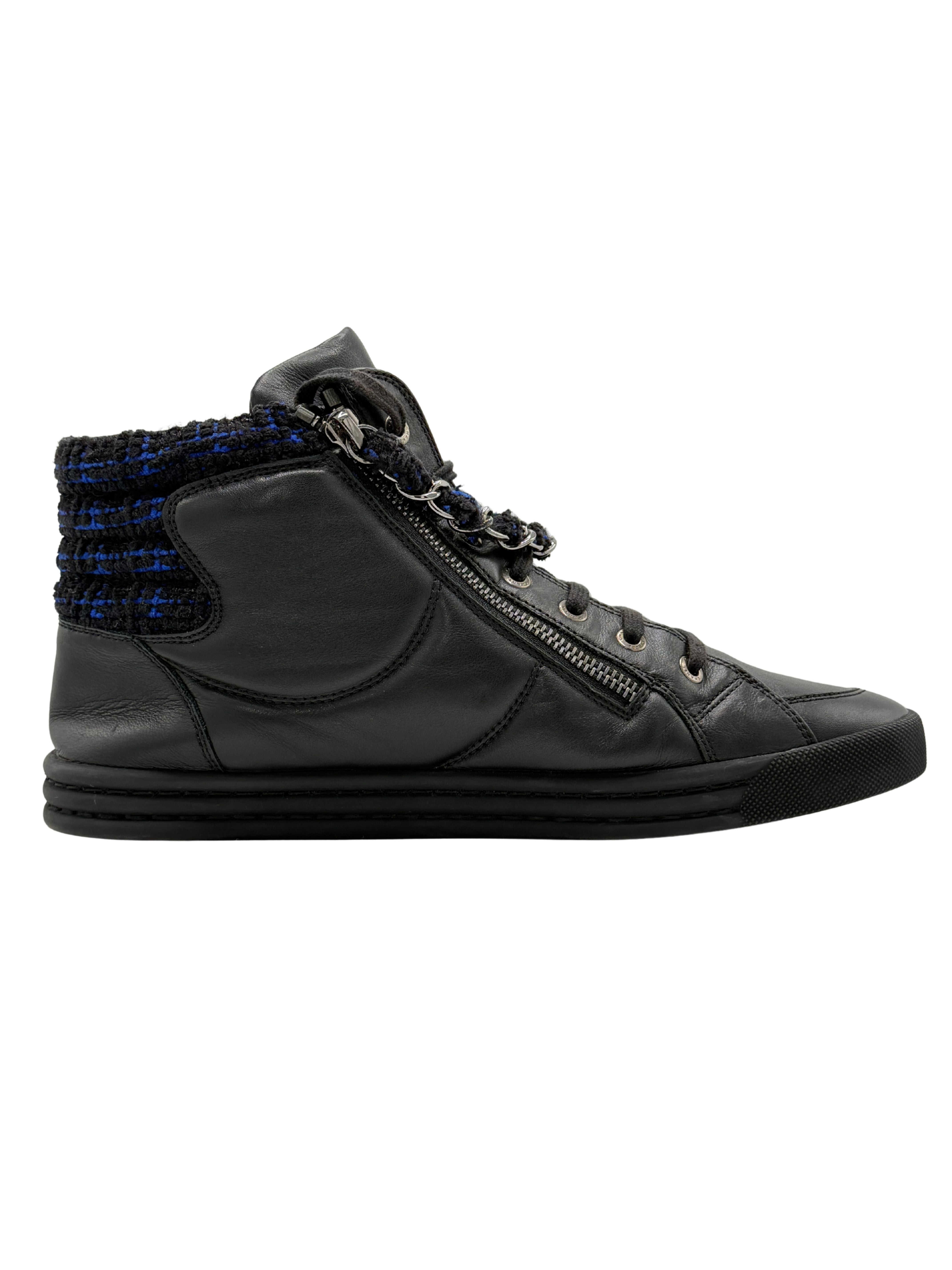 WOMEN'S Chanel Black Leather CC Chain Link High Top Sneakers - Black