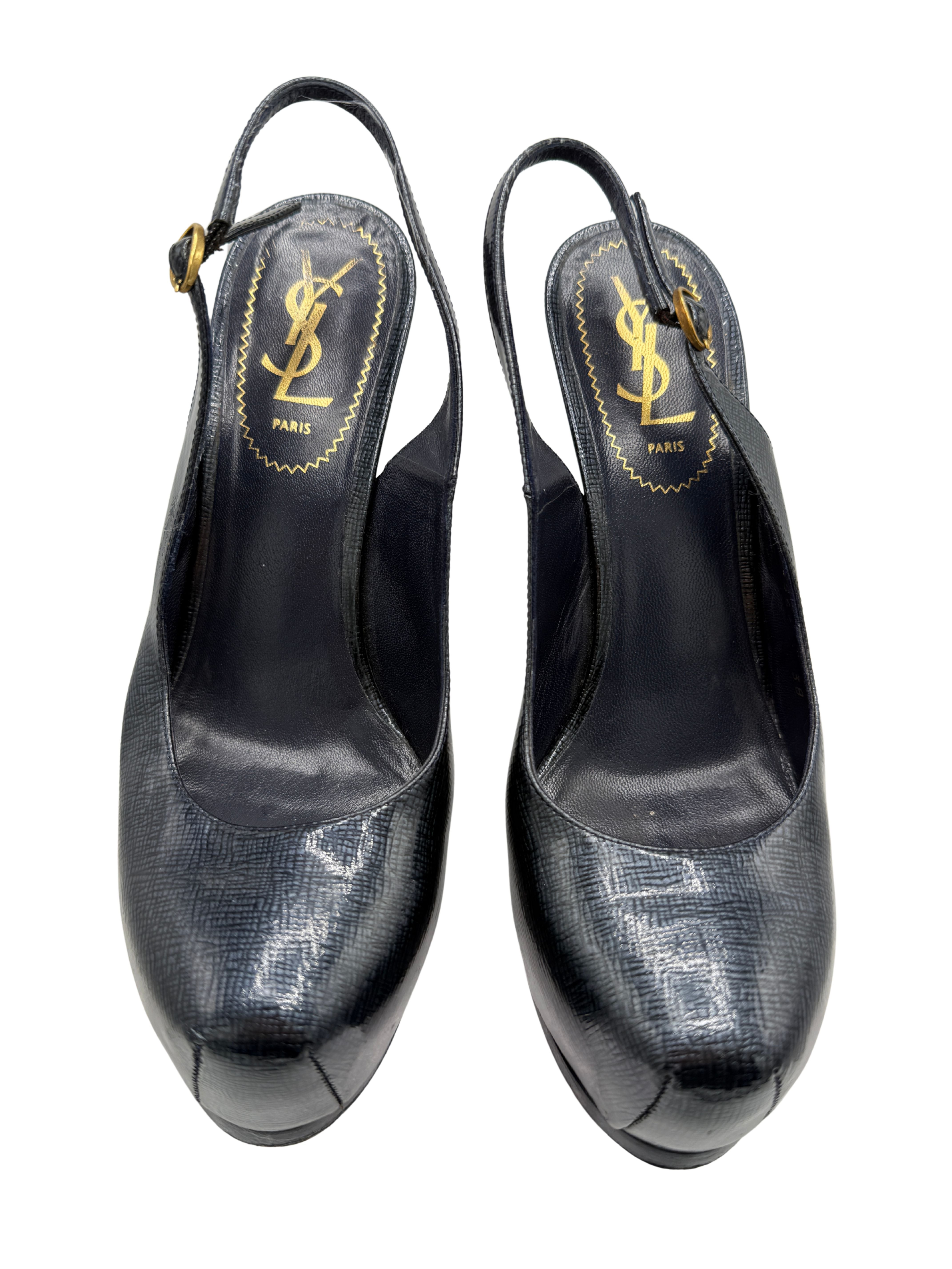 Yves Saint Laurent Tribtoo Slingback Platform Heels - Blue
