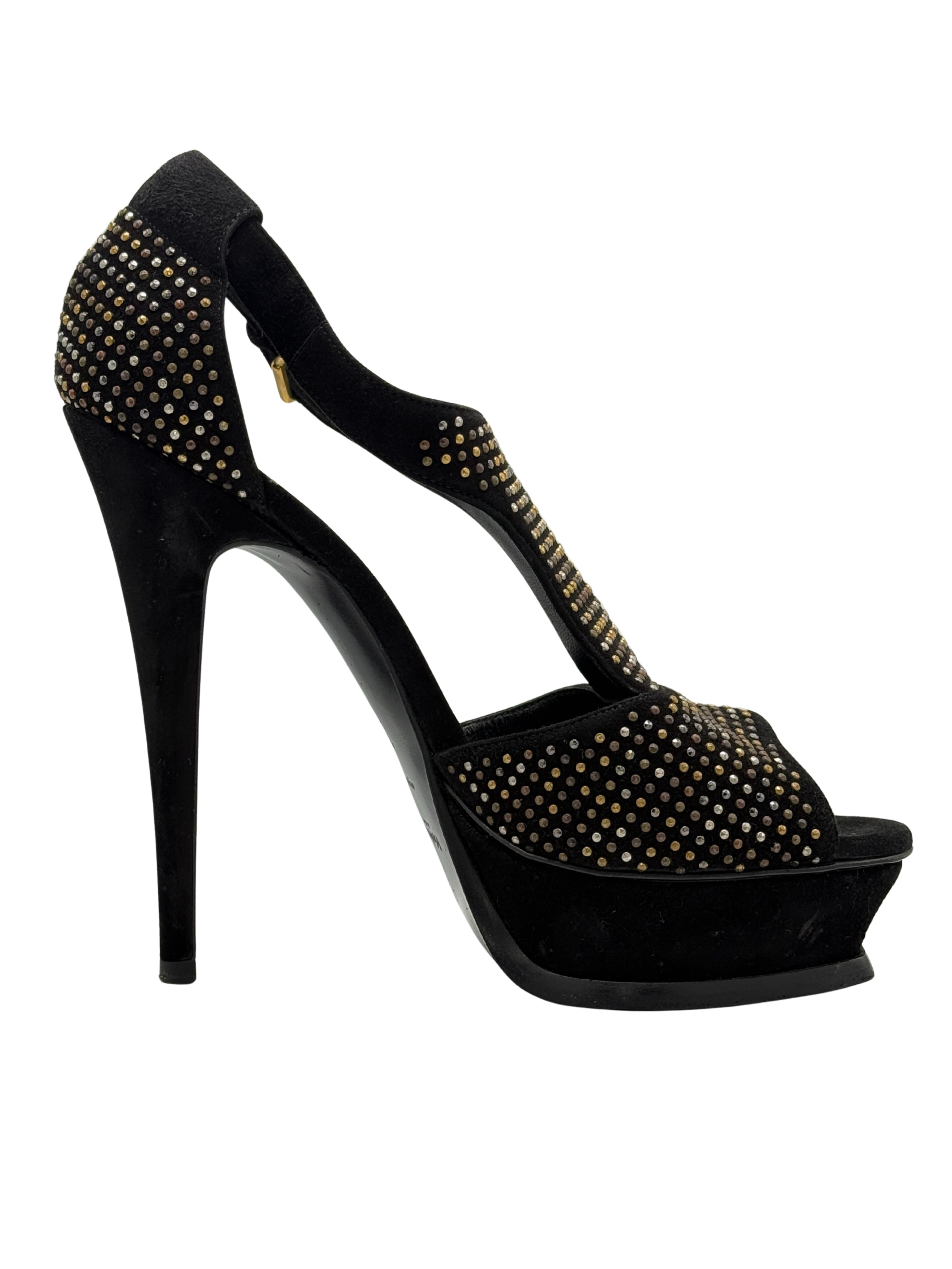 Yves Saint Laurent Studded Peep Toe Platform Sandals - Black