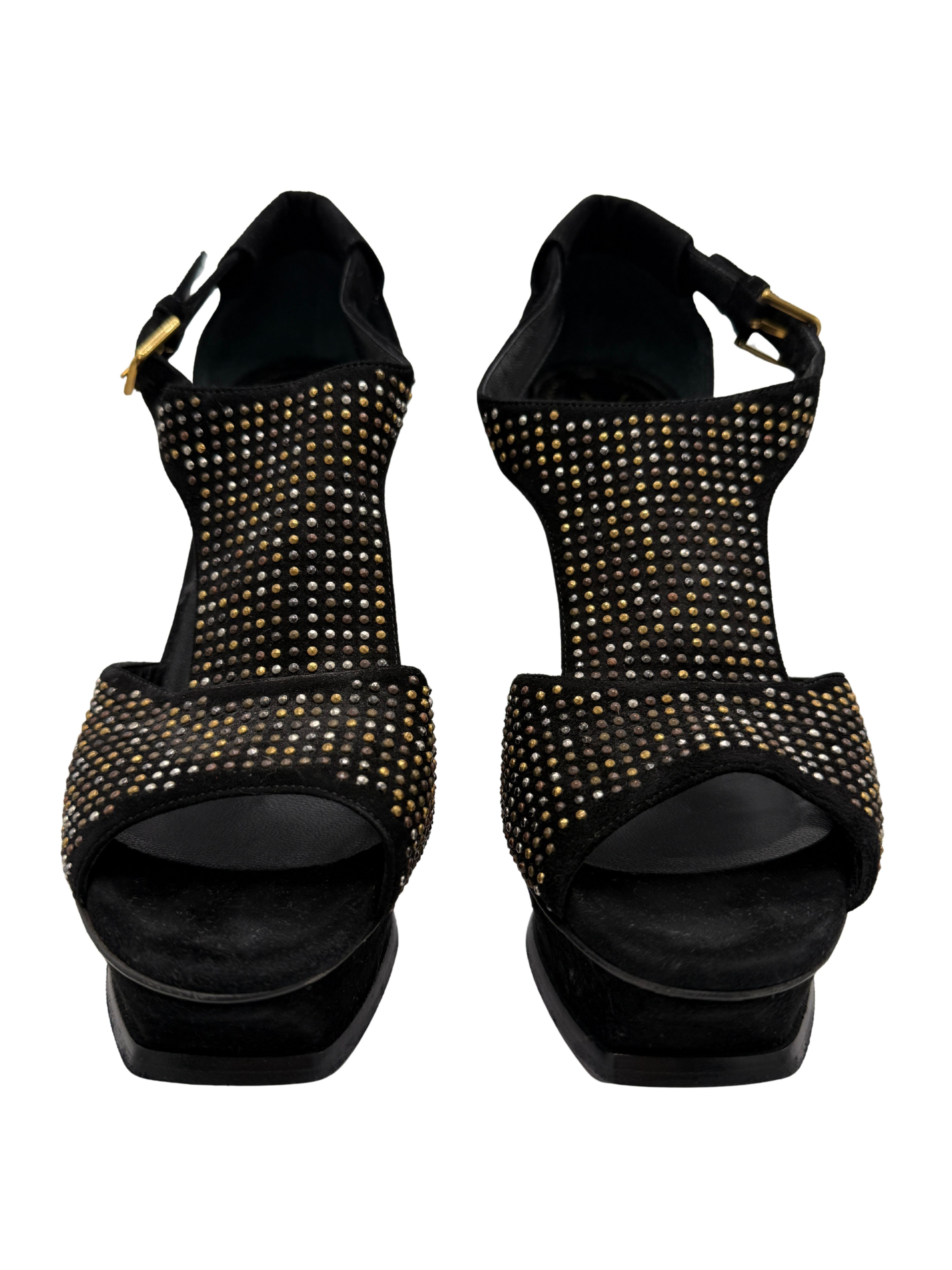 Yves Saint Laurent Studded Peep Toe Platform Sandals - Black