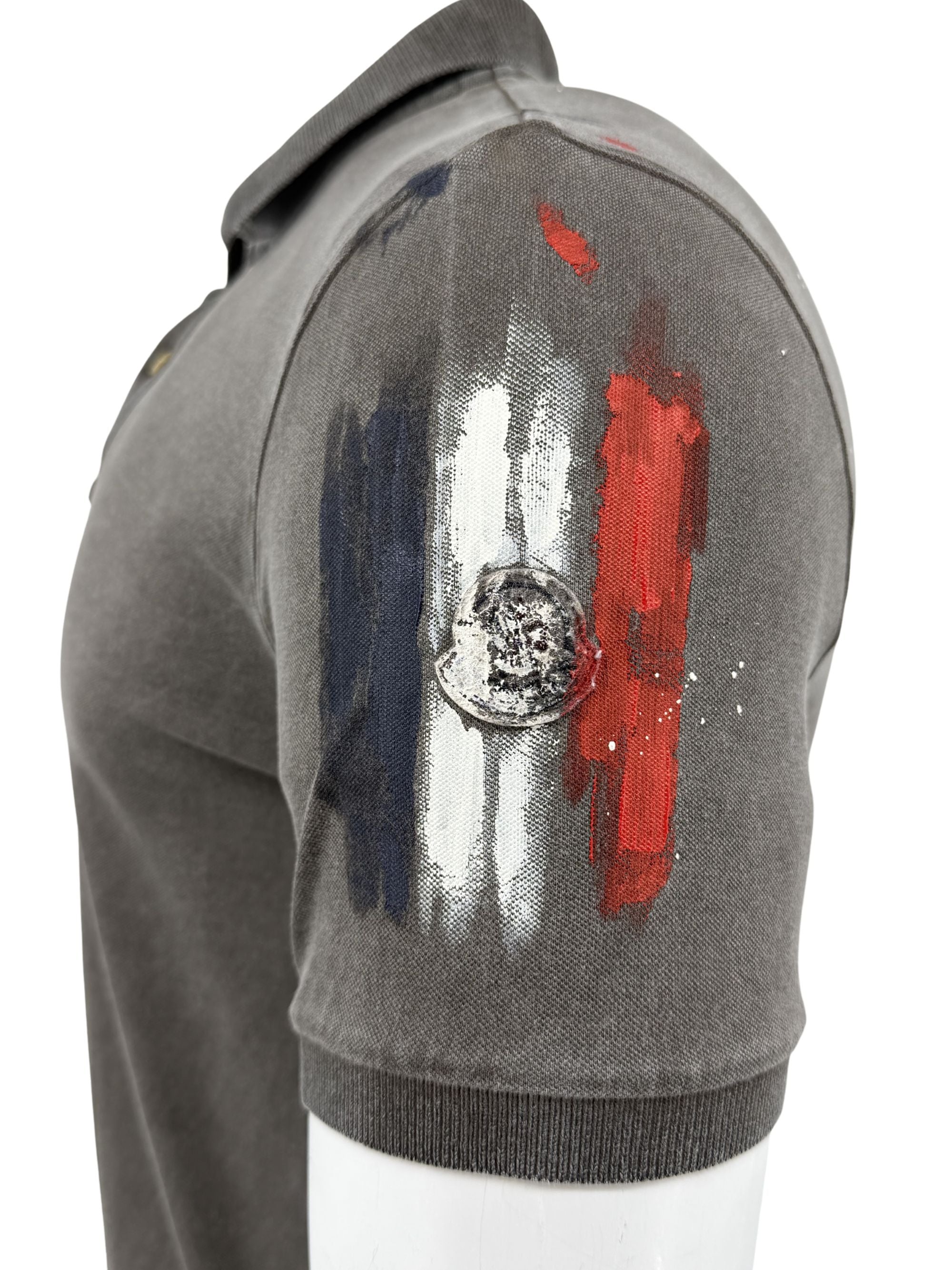 Moncler Distressed Paint Logo Polo - Grey Moncler