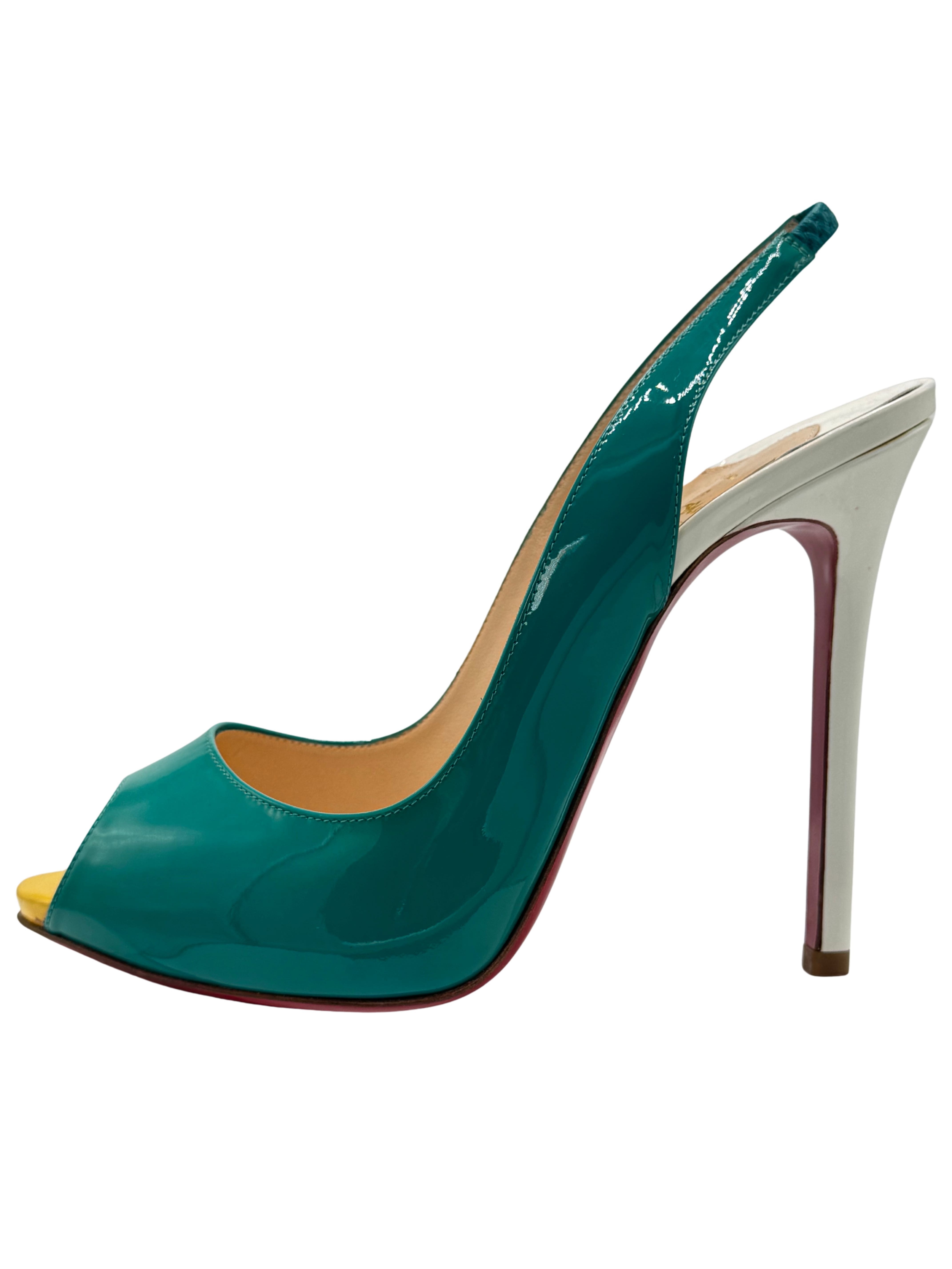 WOMEN'S Christian Louboutin Patent leather Slingback Heels - Turquoise (Unused)