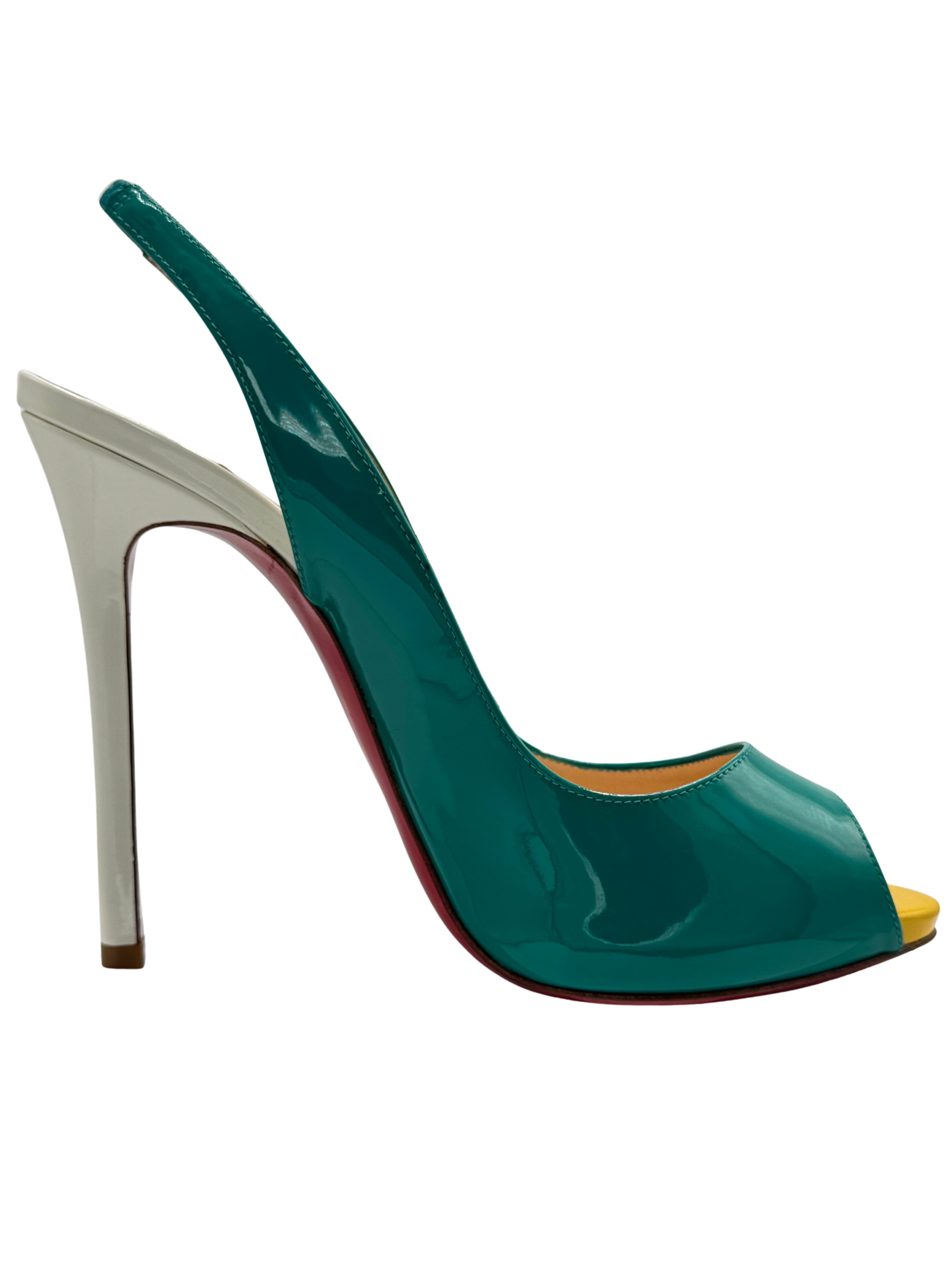 WOMEN'S Christian Louboutin Patent leather Slingback Heels - Turquoise (Unused)