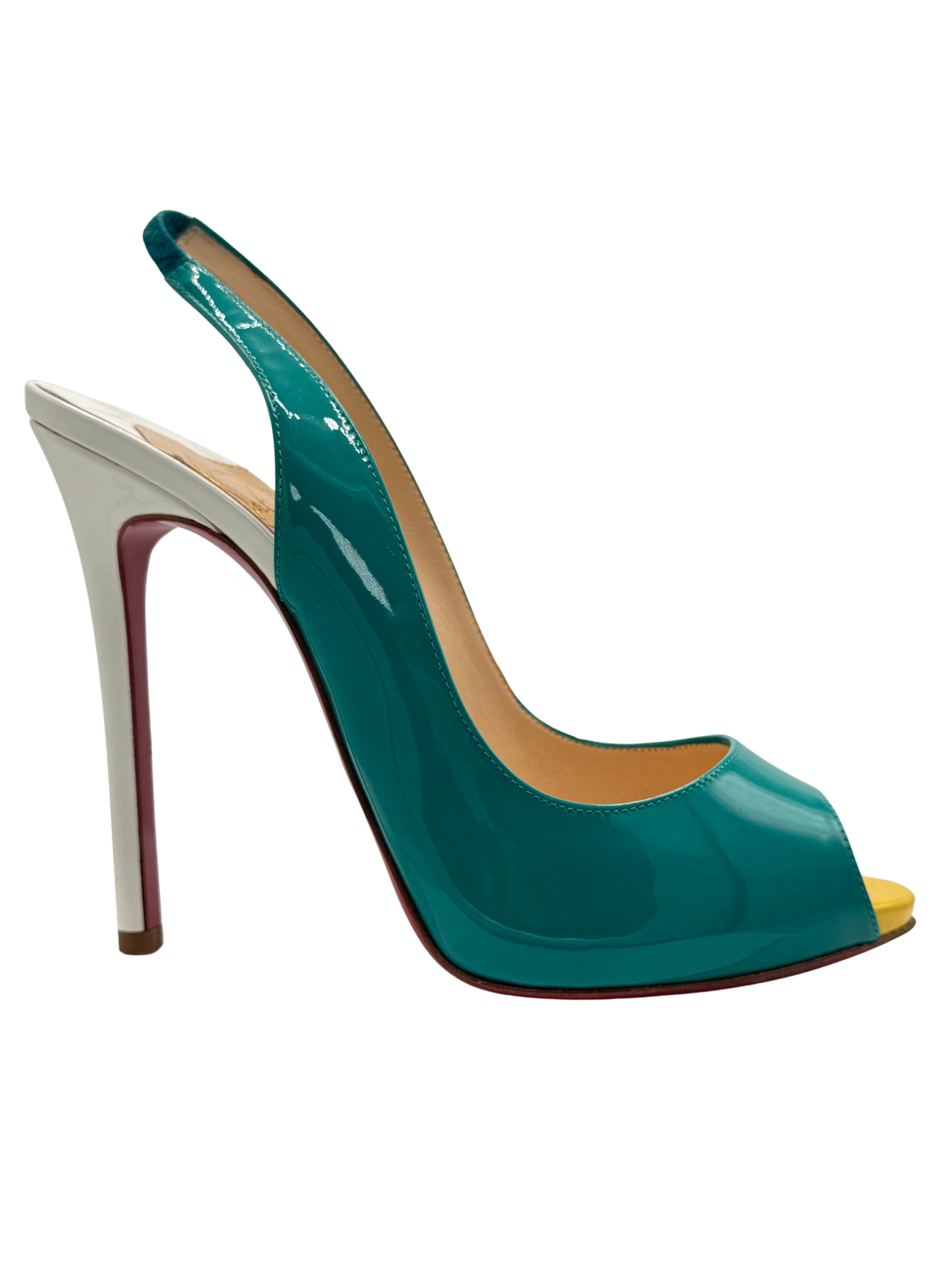 WOMEN'S Christian Louboutin Patent leather Slingback Heels - Turquoise (Unused)