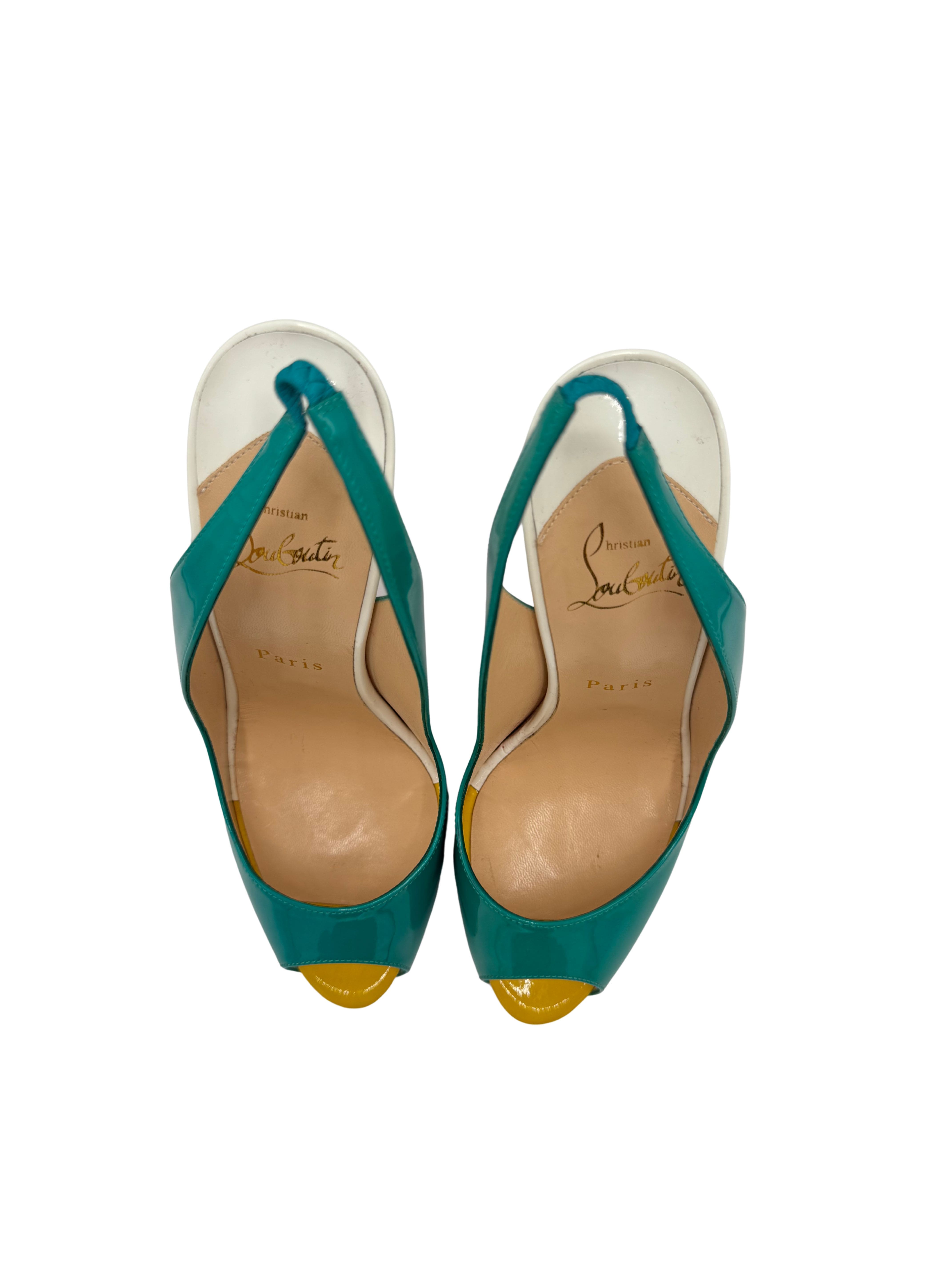 WOMEN'S Christian Louboutin Patent leather Slingback Heels - Turquoise (Unused)