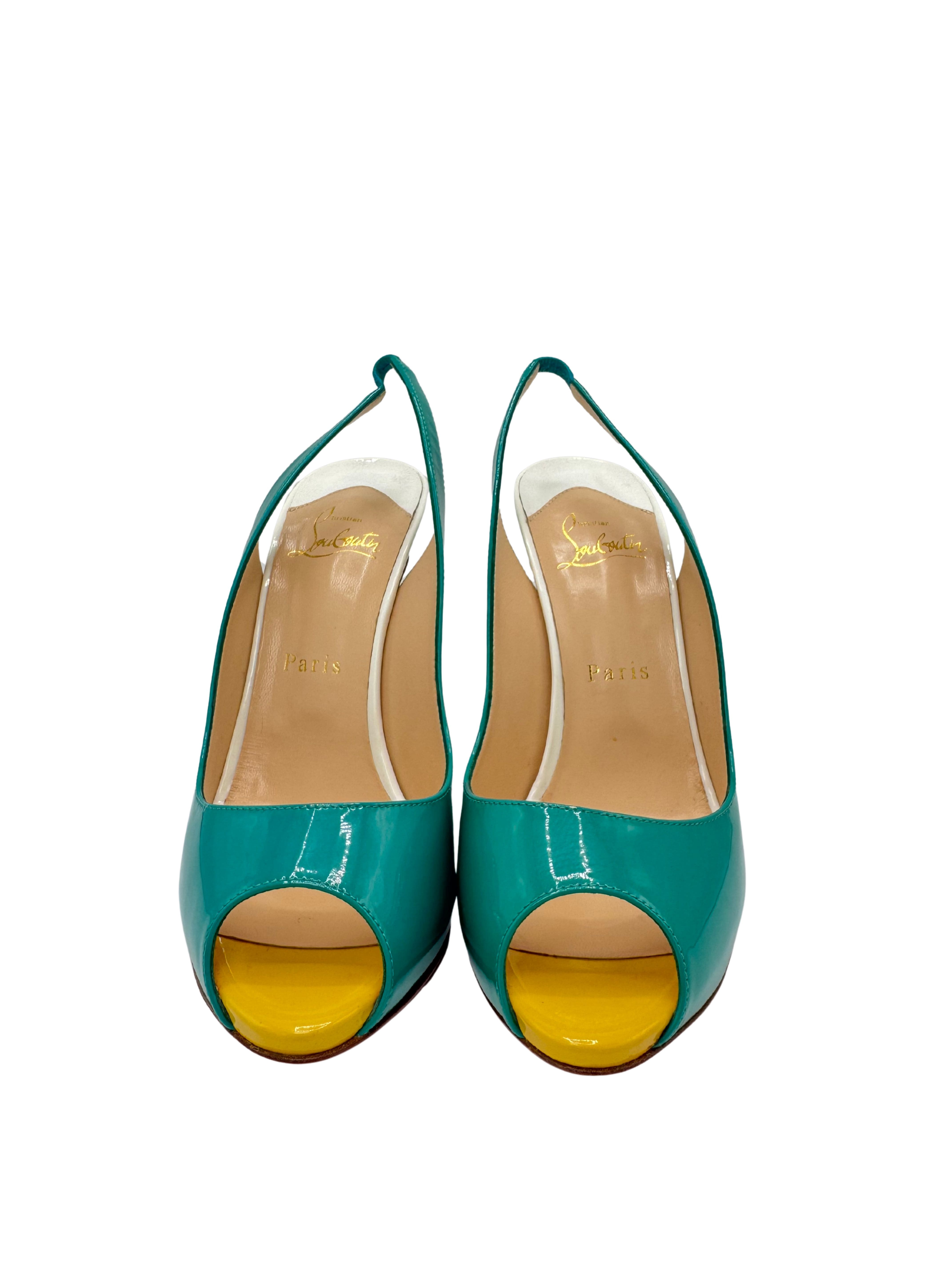 WOMEN'S Christian Louboutin Patent leather Slingback Heels - Turquoise (Unused)