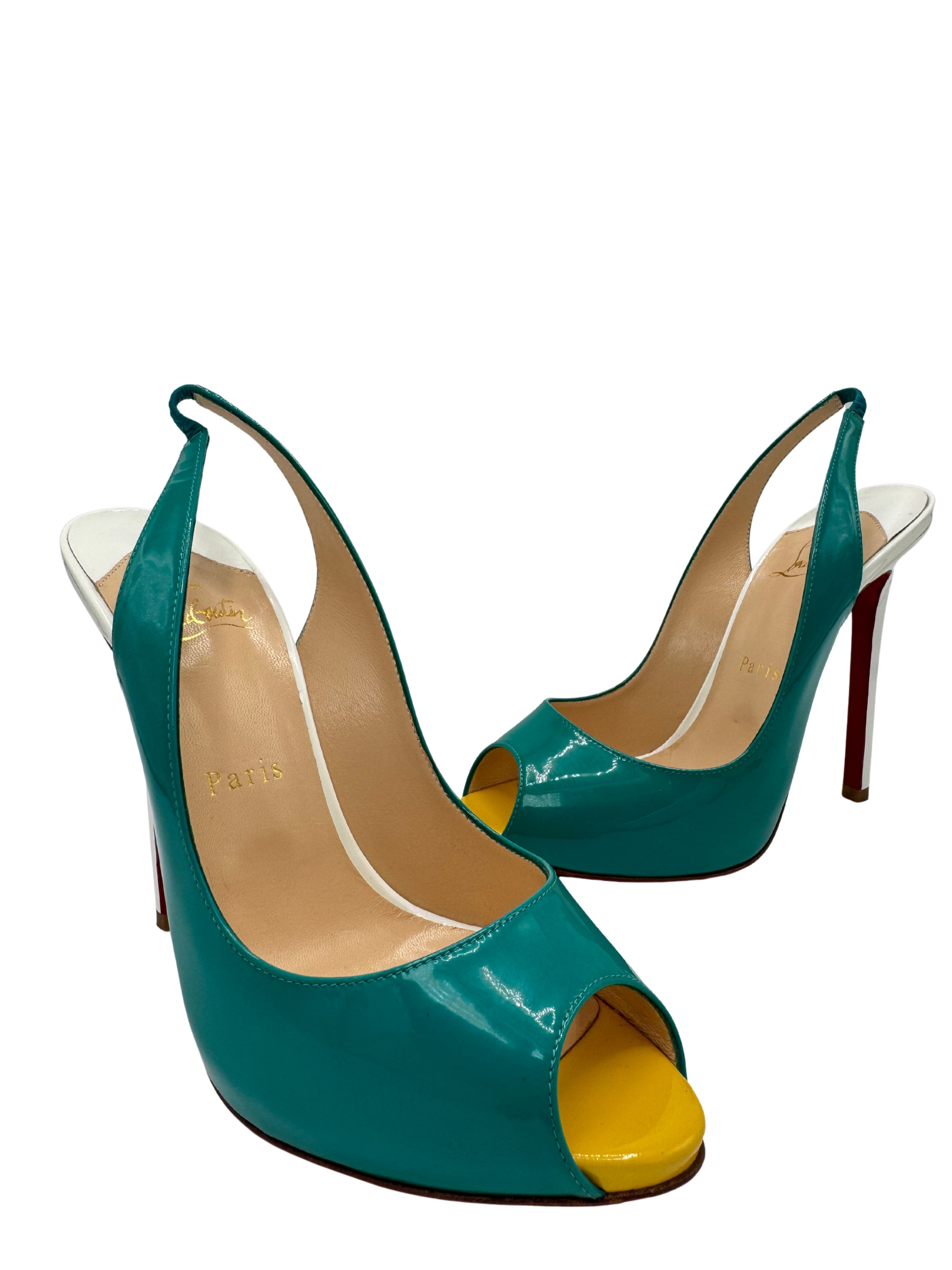 WOMEN'S Christian Louboutin Patent leather Slingback Heels - Turquoise (Unused)