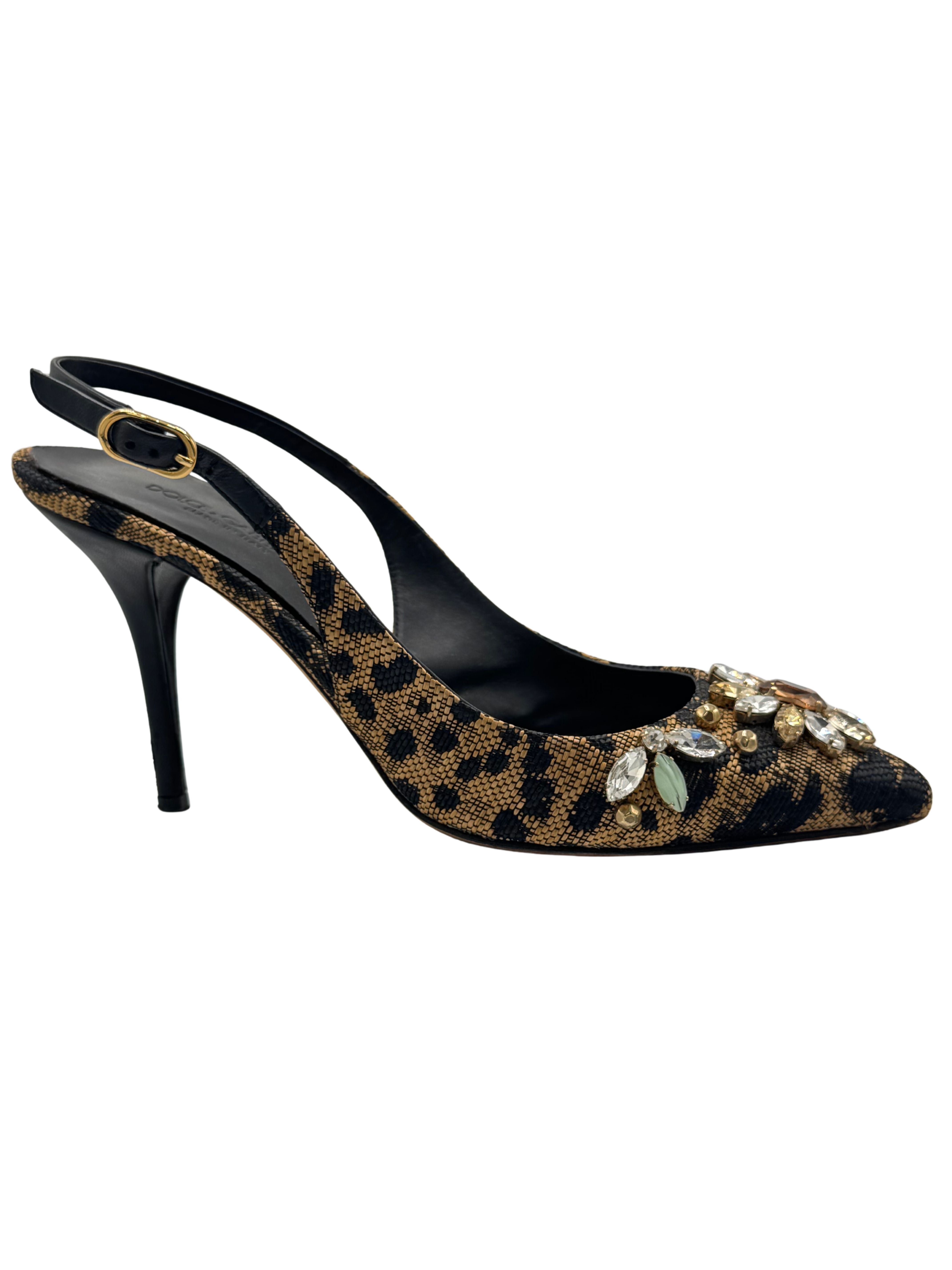 WOMEN'S Dolce & Gabbana Crystal Embellished Slingback Heels - Leopard