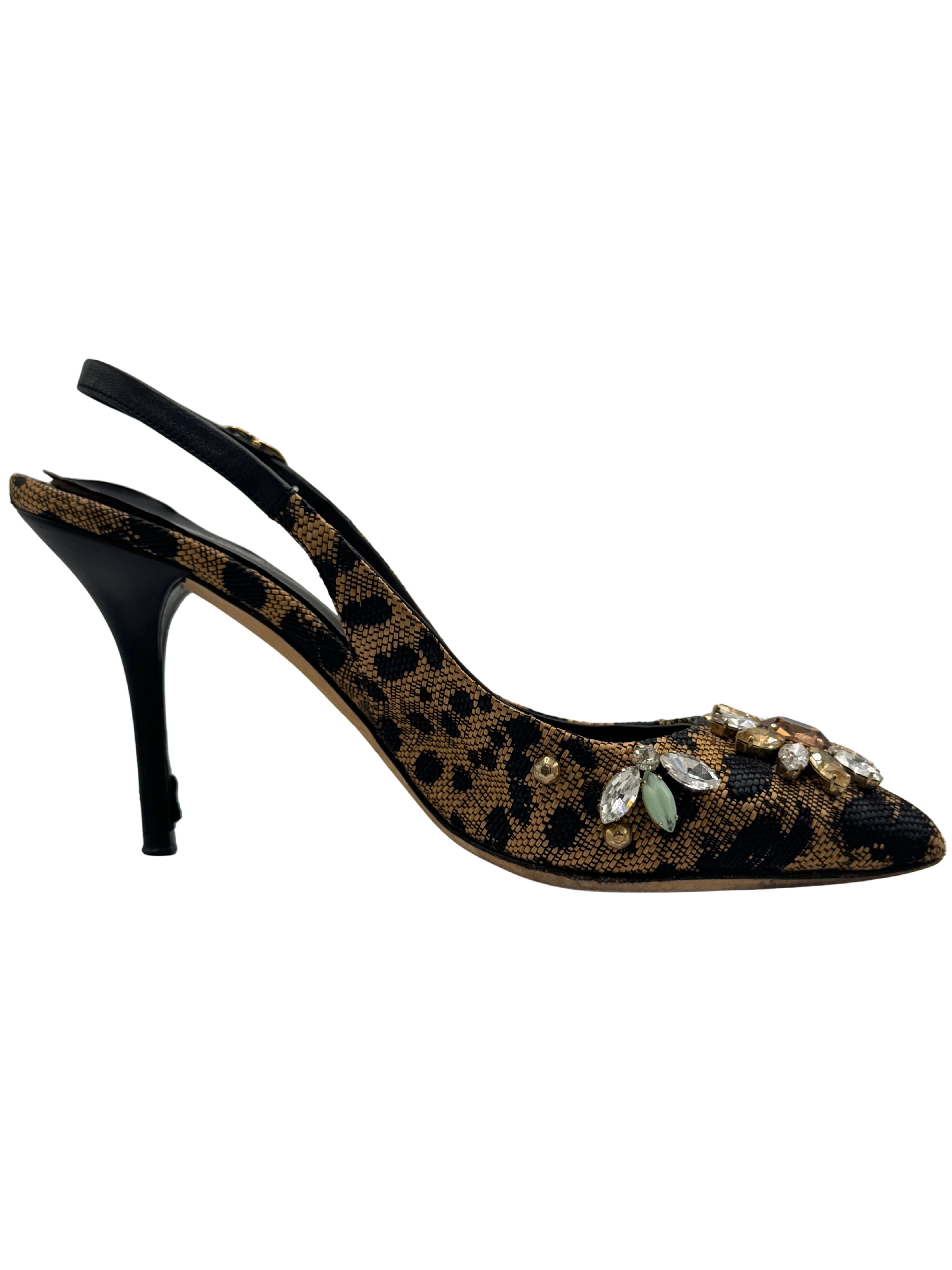 WOMEN'S Dolce & Gabbana Crystal Embellished Slingback Heels - Leopard