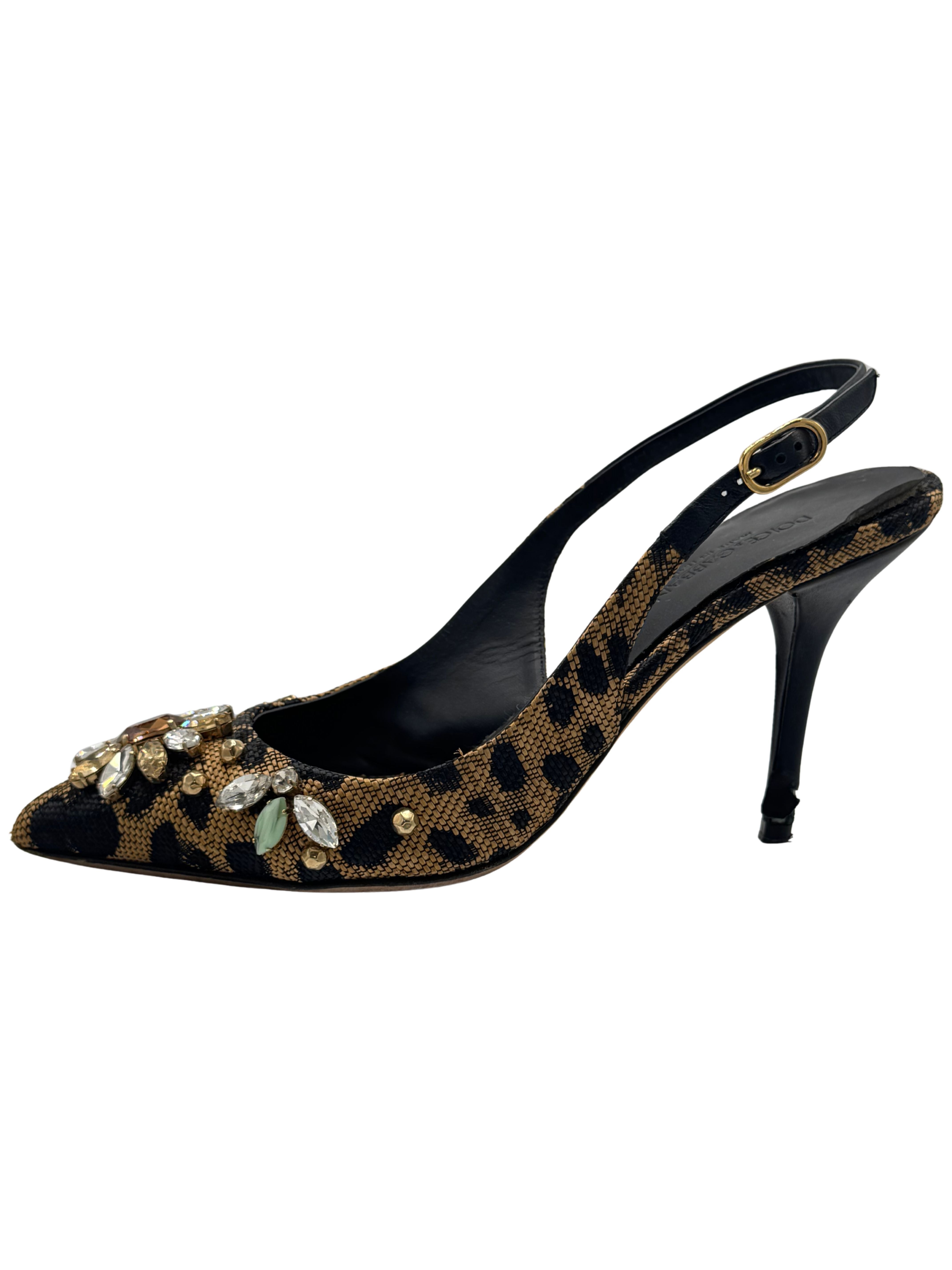 WOMEN'S Dolce & Gabbana Crystal Embellished Slingback Heels - Leopard