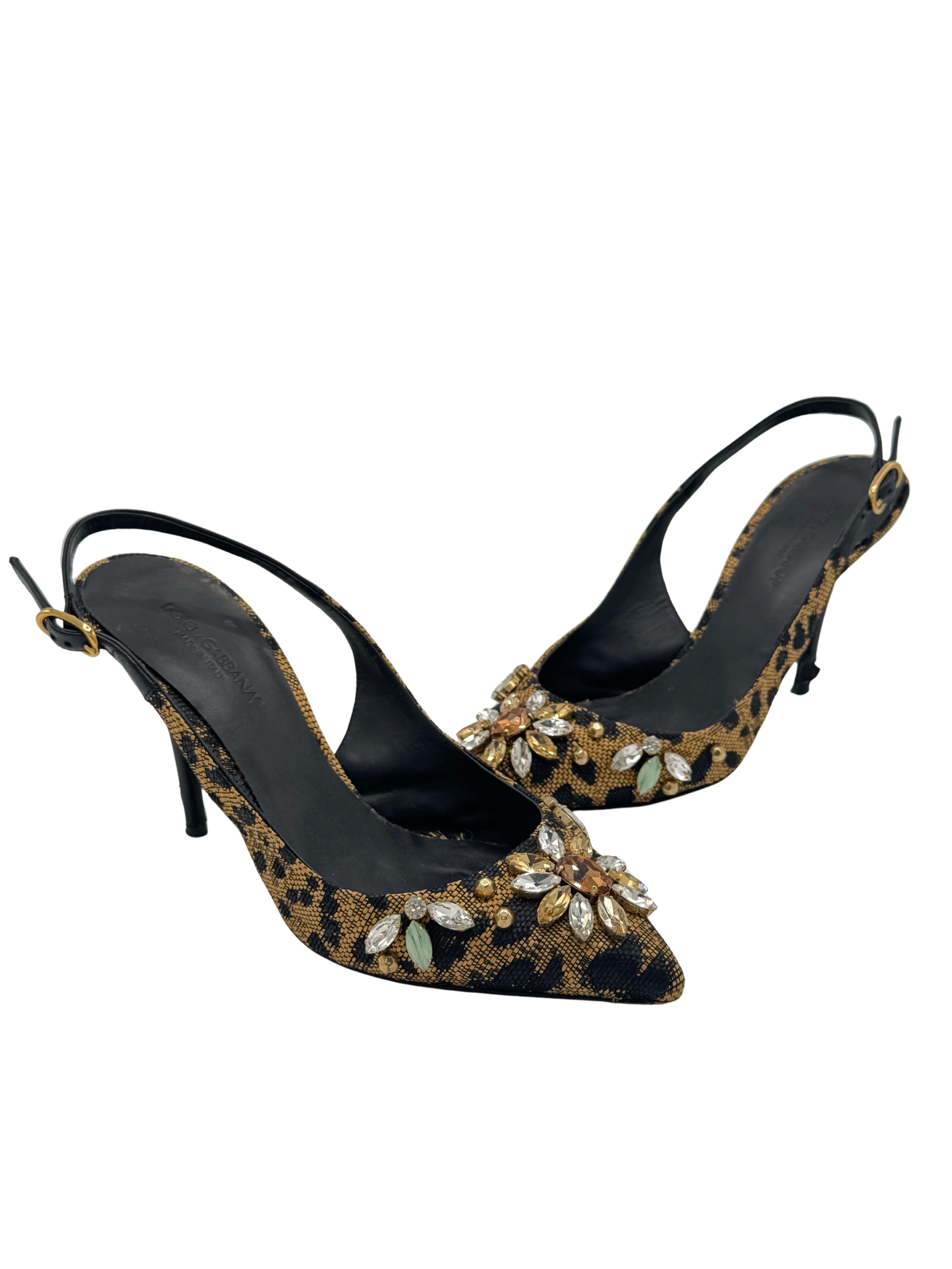 WOMEN'S Dolce & Gabbana Crystal Embellished Slingback Heels - Leopard