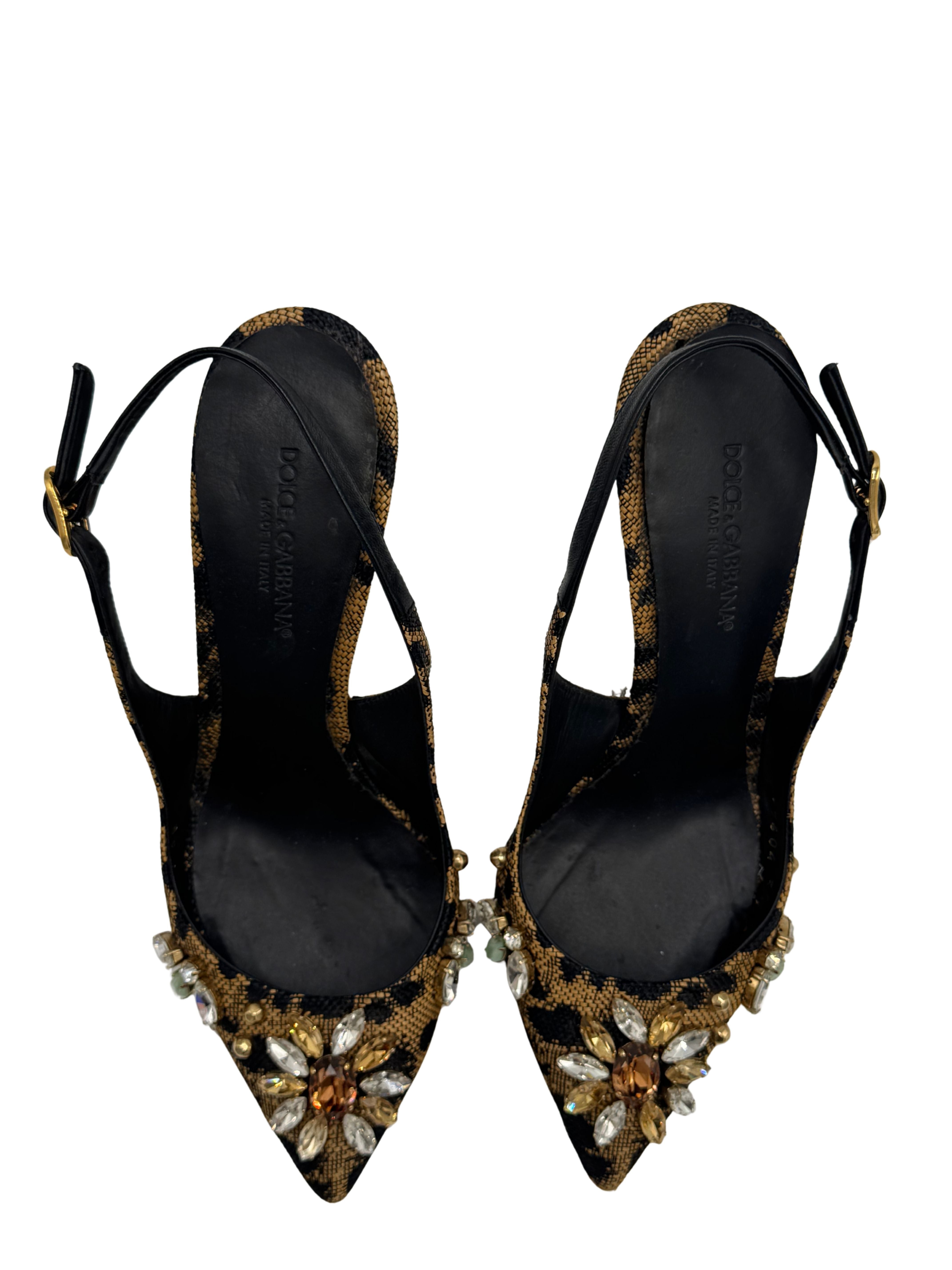 WOMEN'S Dolce & Gabbana Crystal Embellished Slingback Heels - Leopard