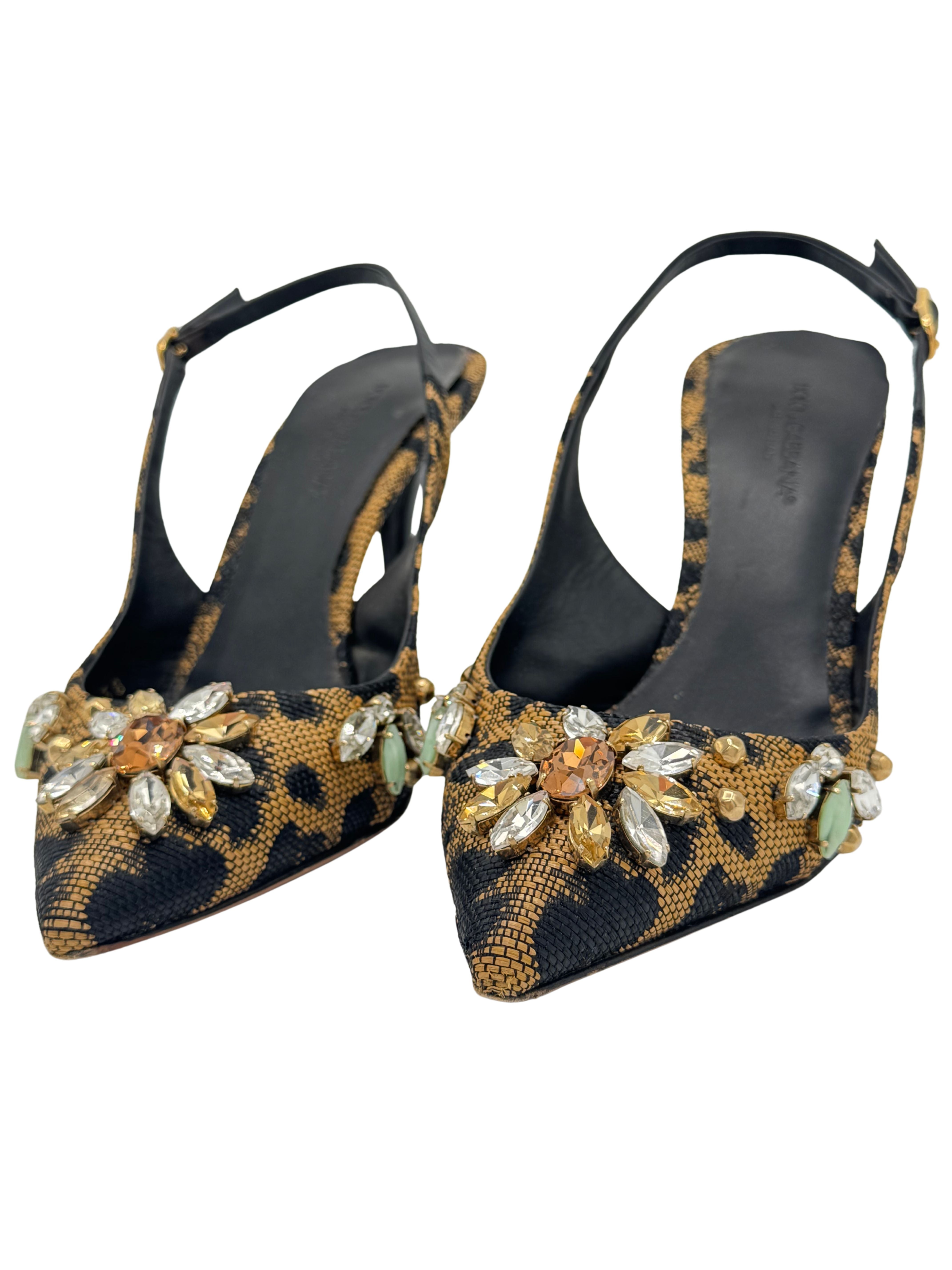 WOMEN'S Dolce & Gabbana Crystal Embellished Slingback Heels - Leopard
