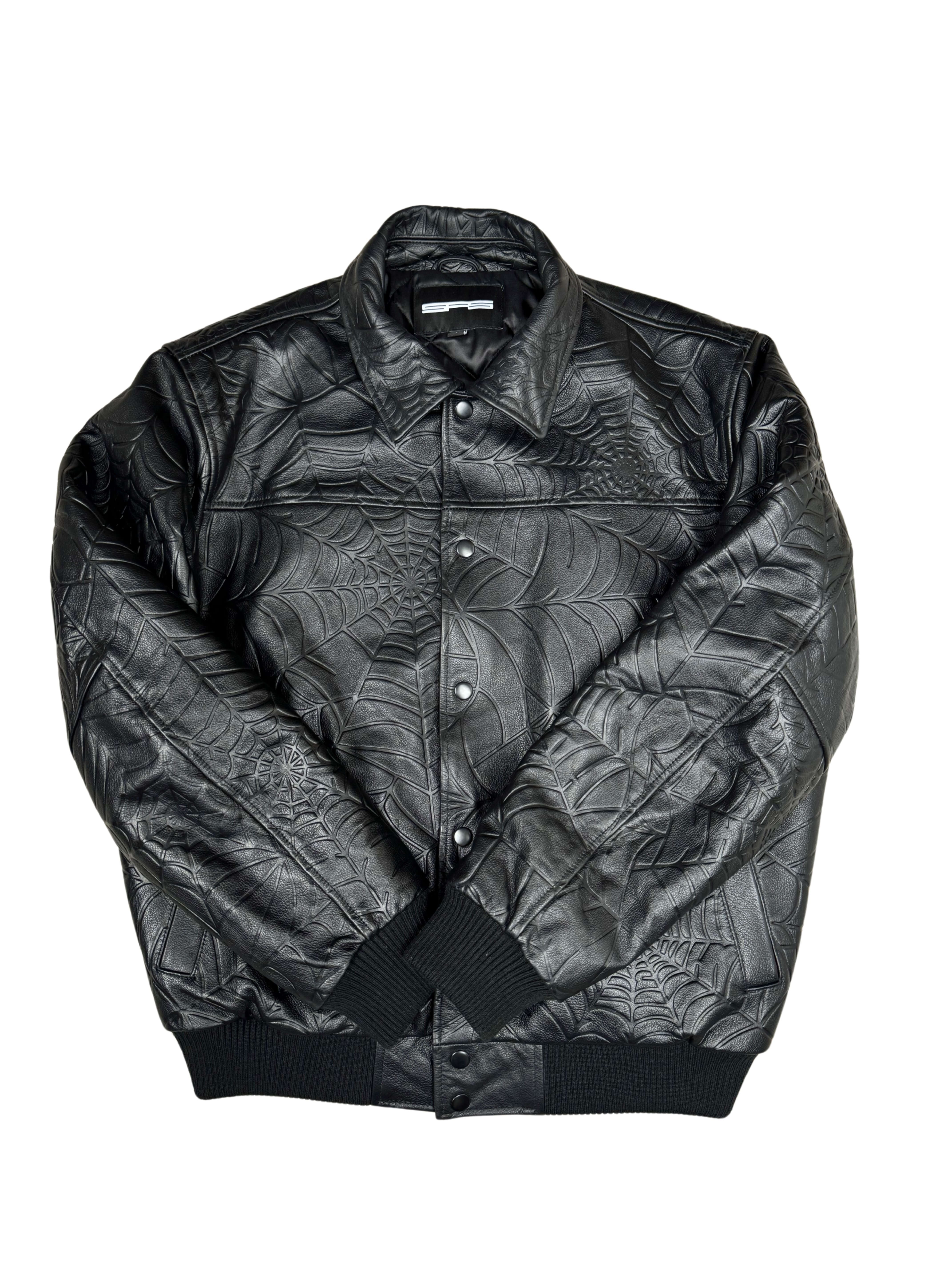 Sp5der Debossed Web Leather Jacket - Black Sp5der