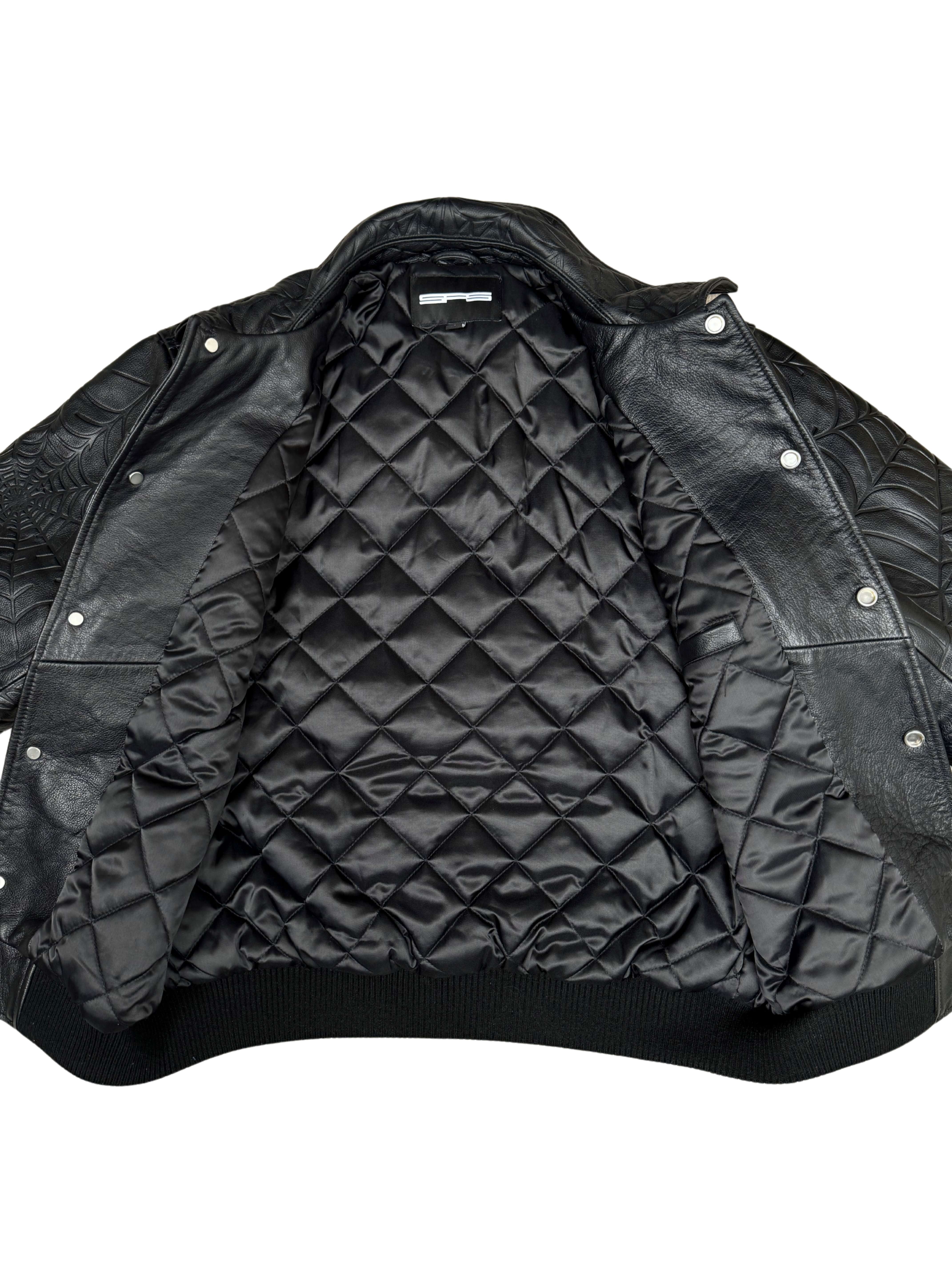 Sp5der Debossed Web Leather Jacket - Black Sp5der