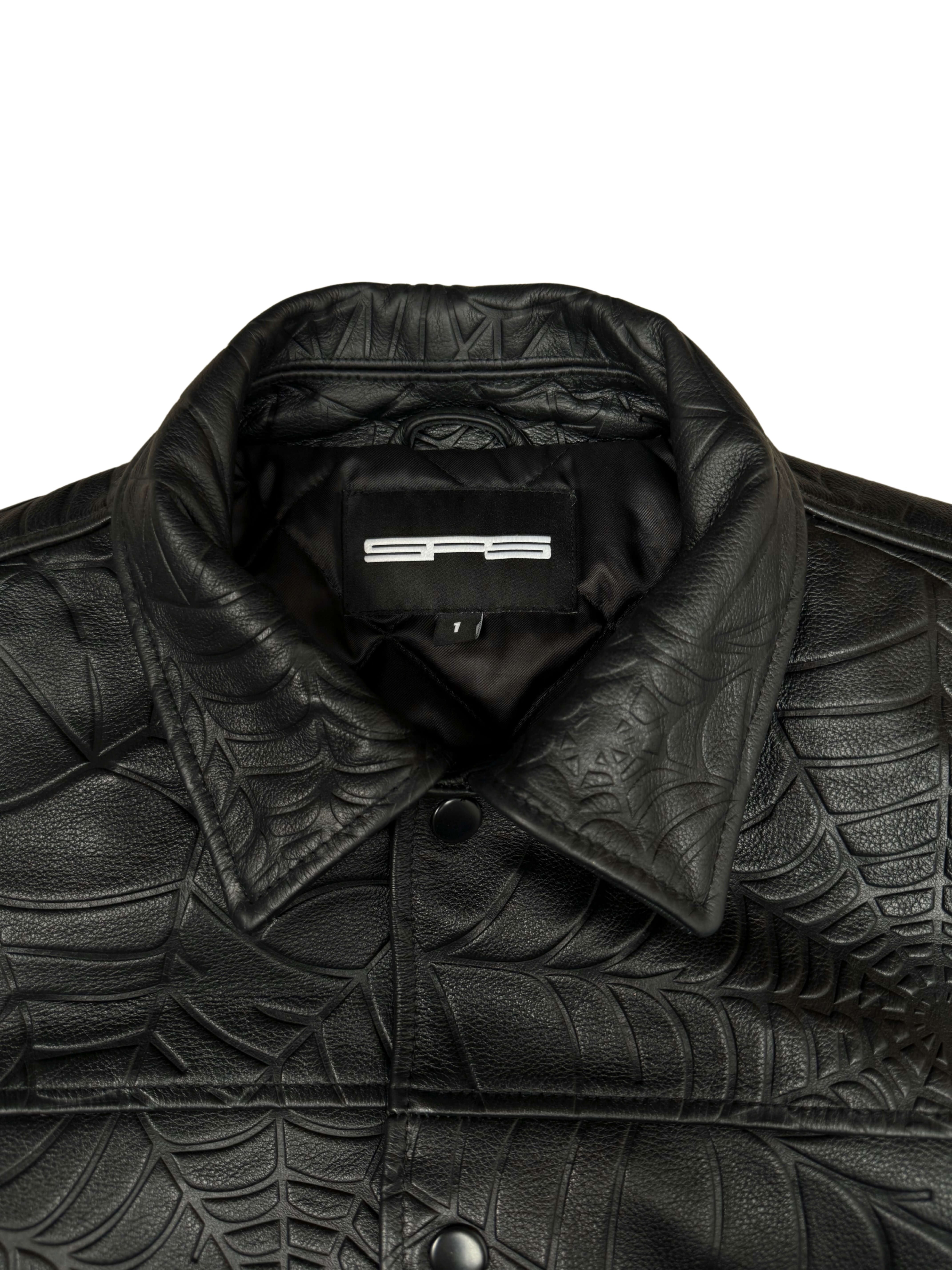 Sp5der Debossed Web Leather Jacket - Black Sp5der
