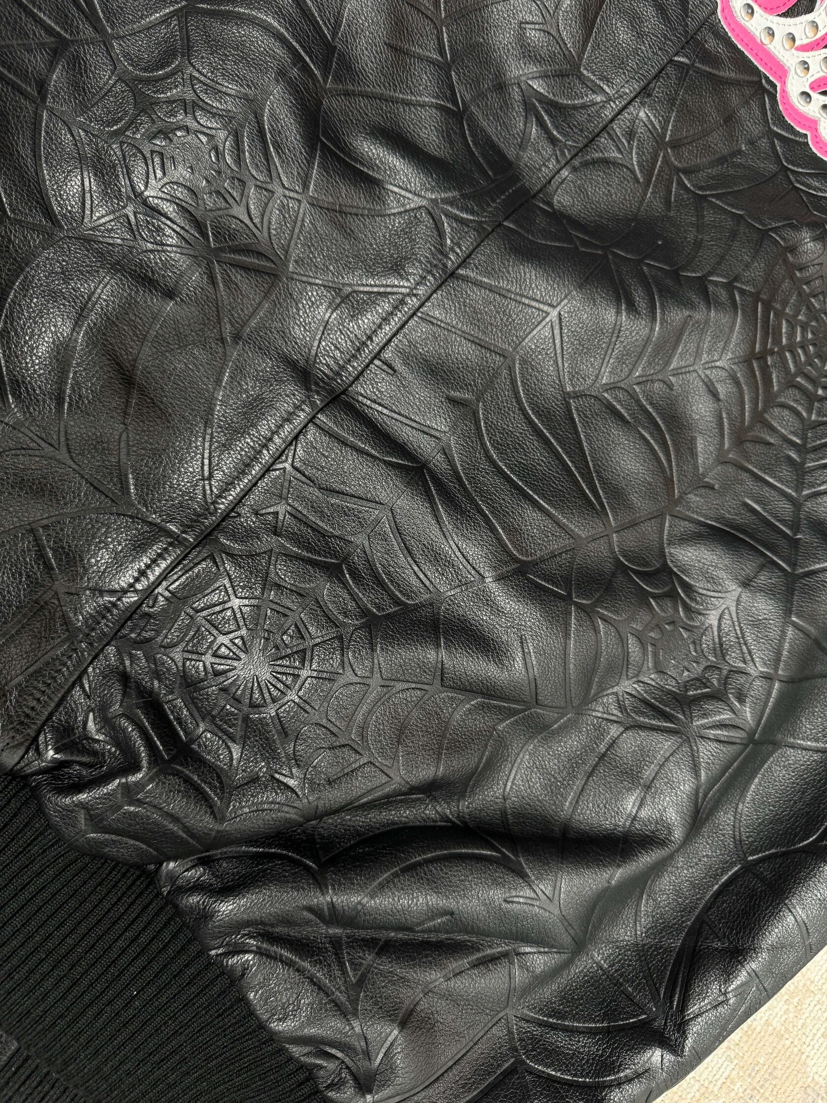 Sp5der Debossed Web Leather Jacket - Black