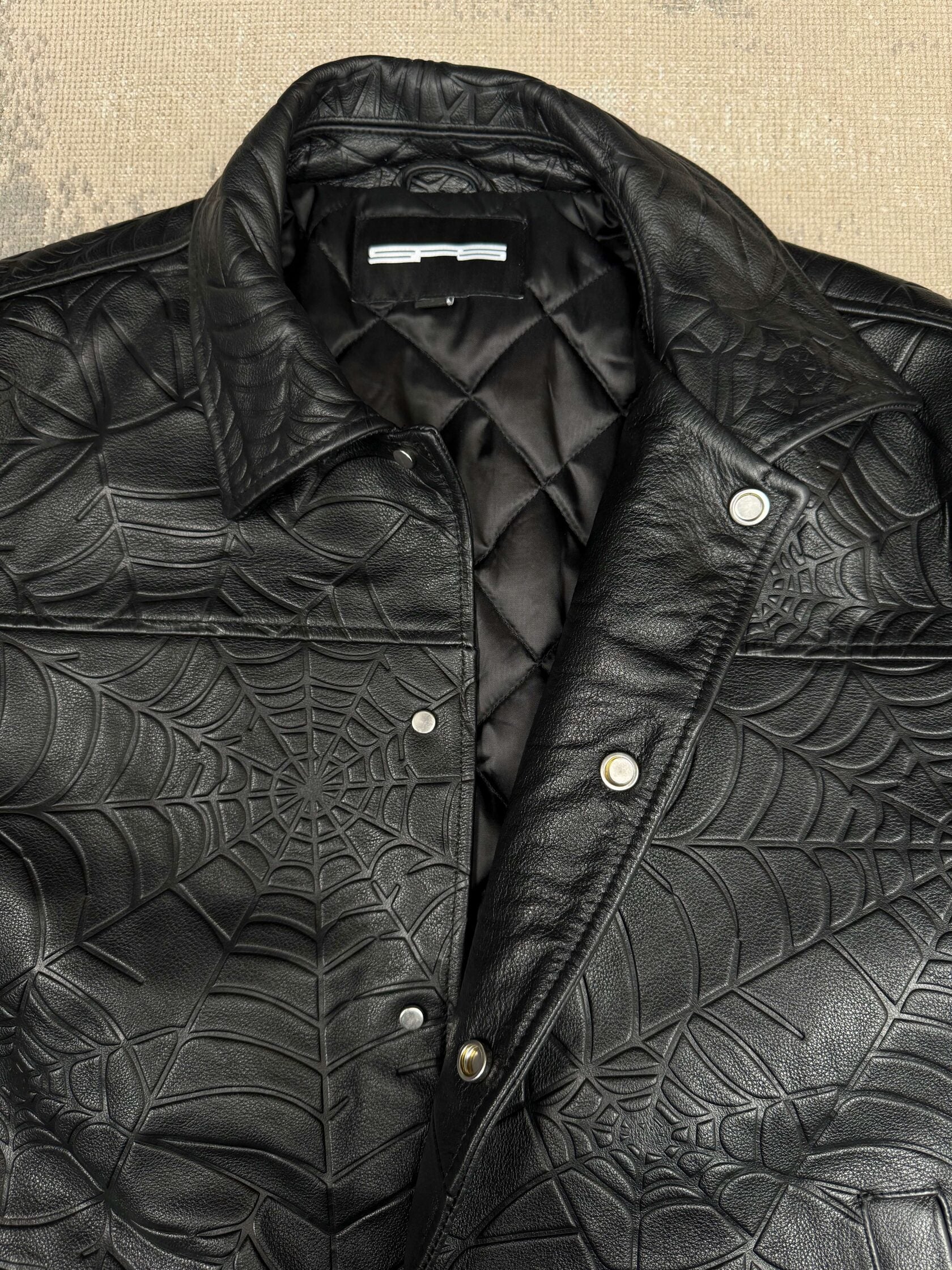 Sp5der Debossed Web Leather Jacket - Black