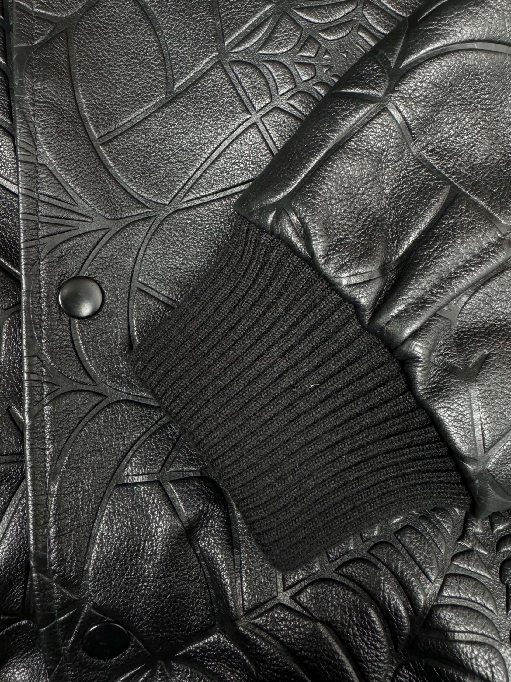 Sp5der Debossed Web Leather Jacket - Black