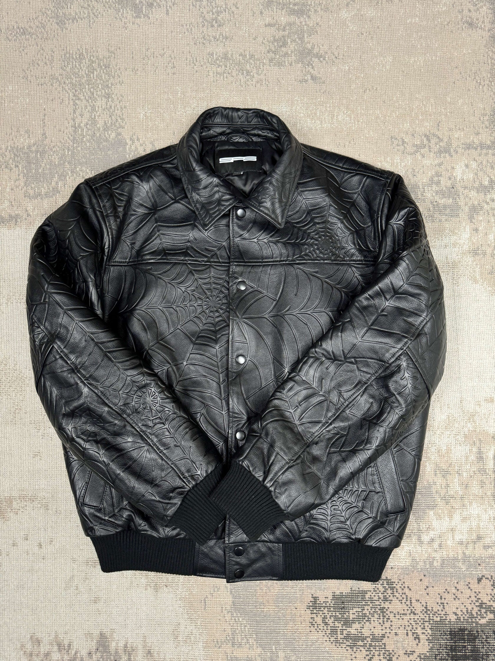 Sp5der Debossed Web Leather Jacket - Black