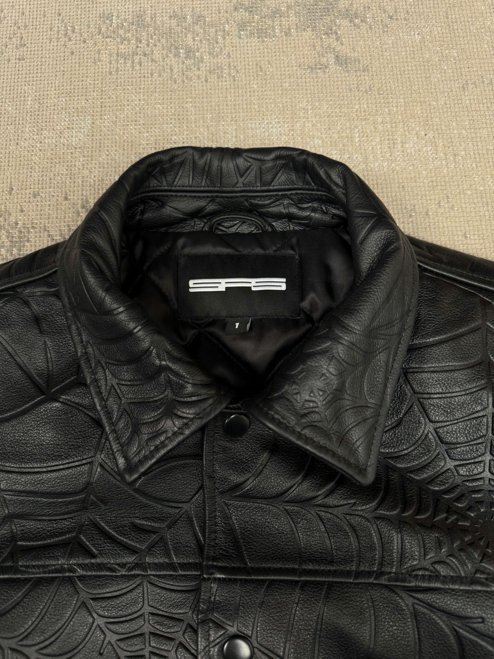 Sp5der Debossed Web Leather Jacket - Black