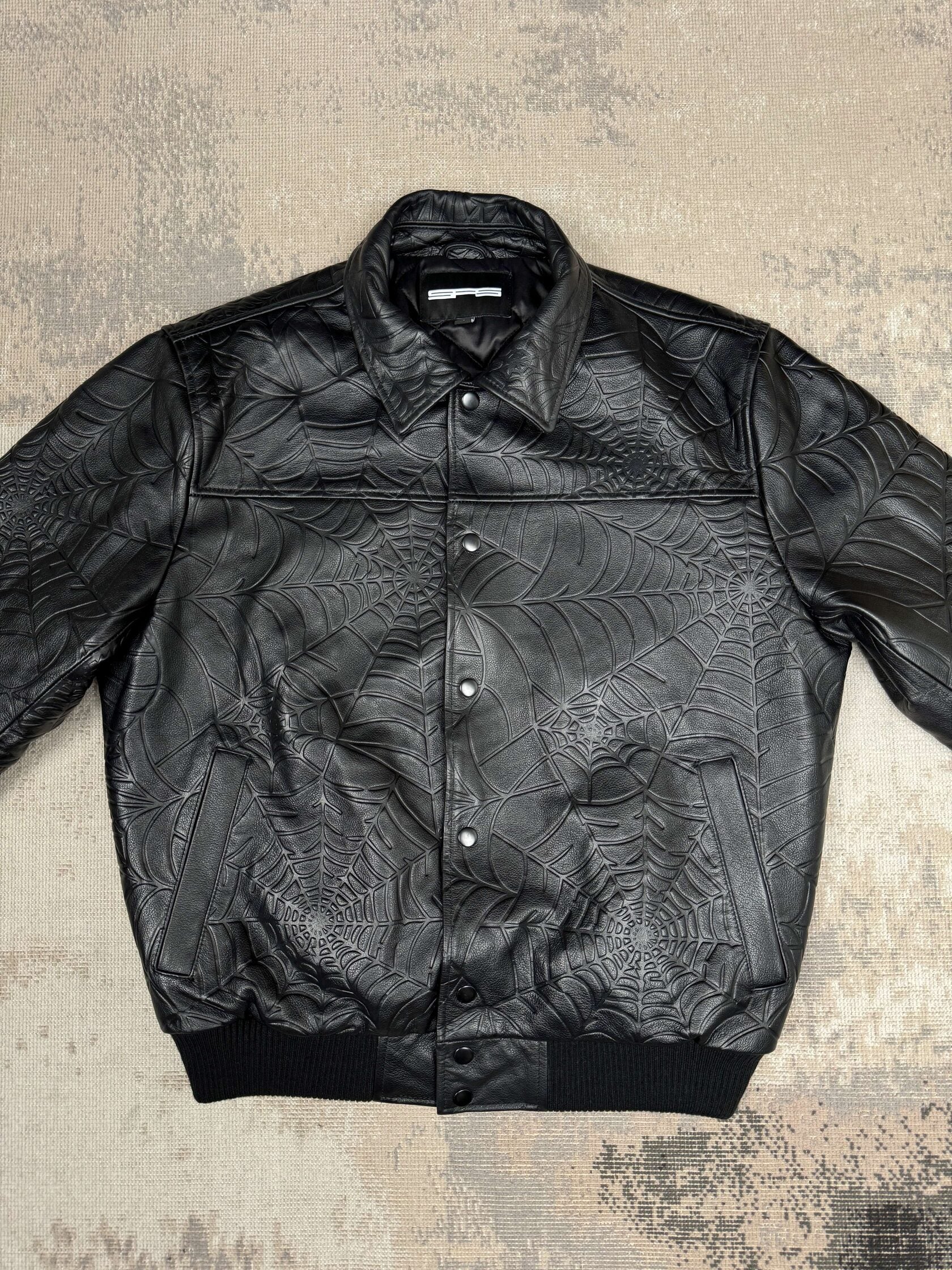 Sp5der Debossed Web Leather Jacket - Black