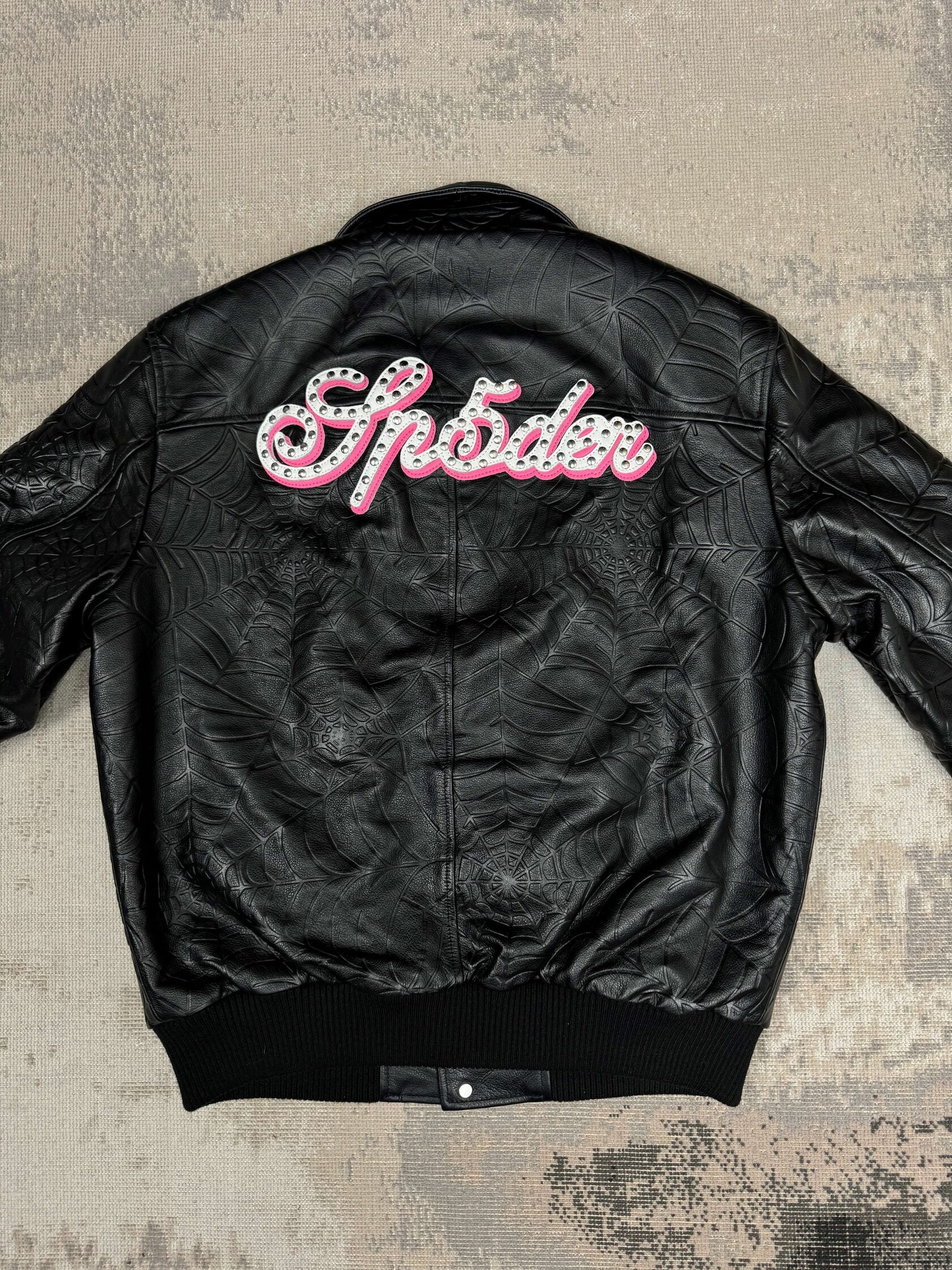 Sp5der Debossed Web Leather Jacket - Black