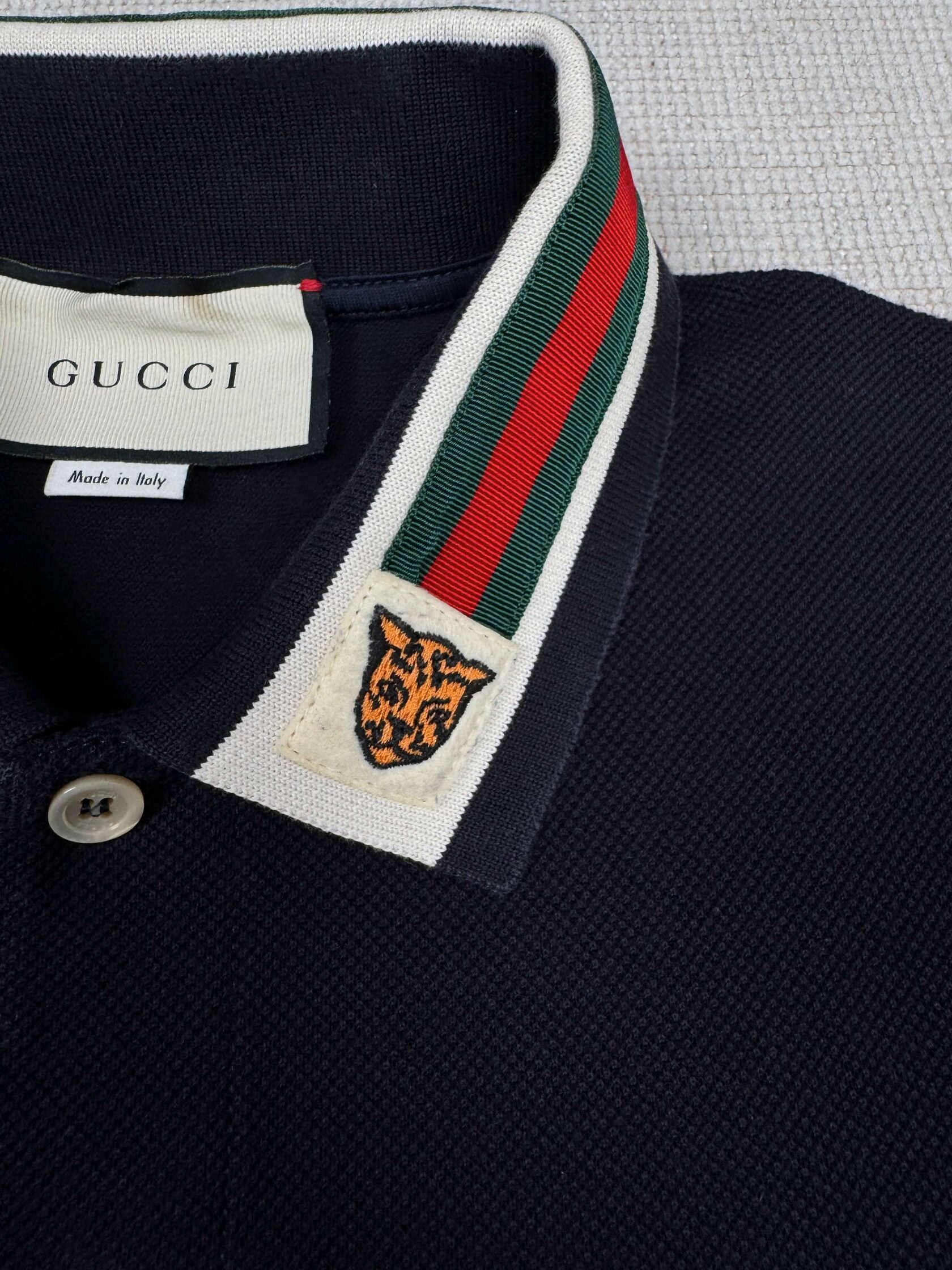 Gucci Stripe Tiger Embroidered Collar Polo - Navy Gucci