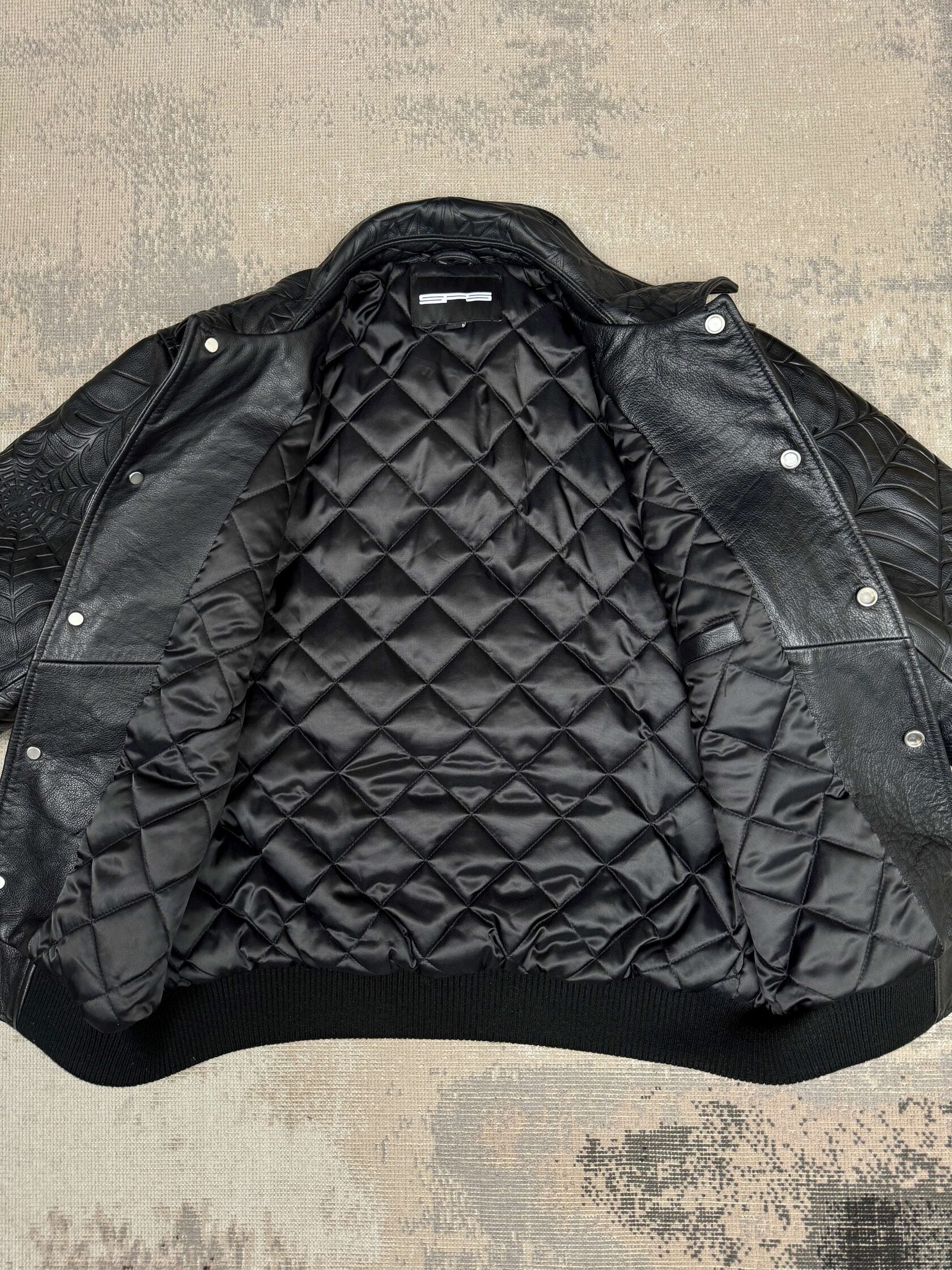 Sp5der Debossed Web Leather Jacket - Black