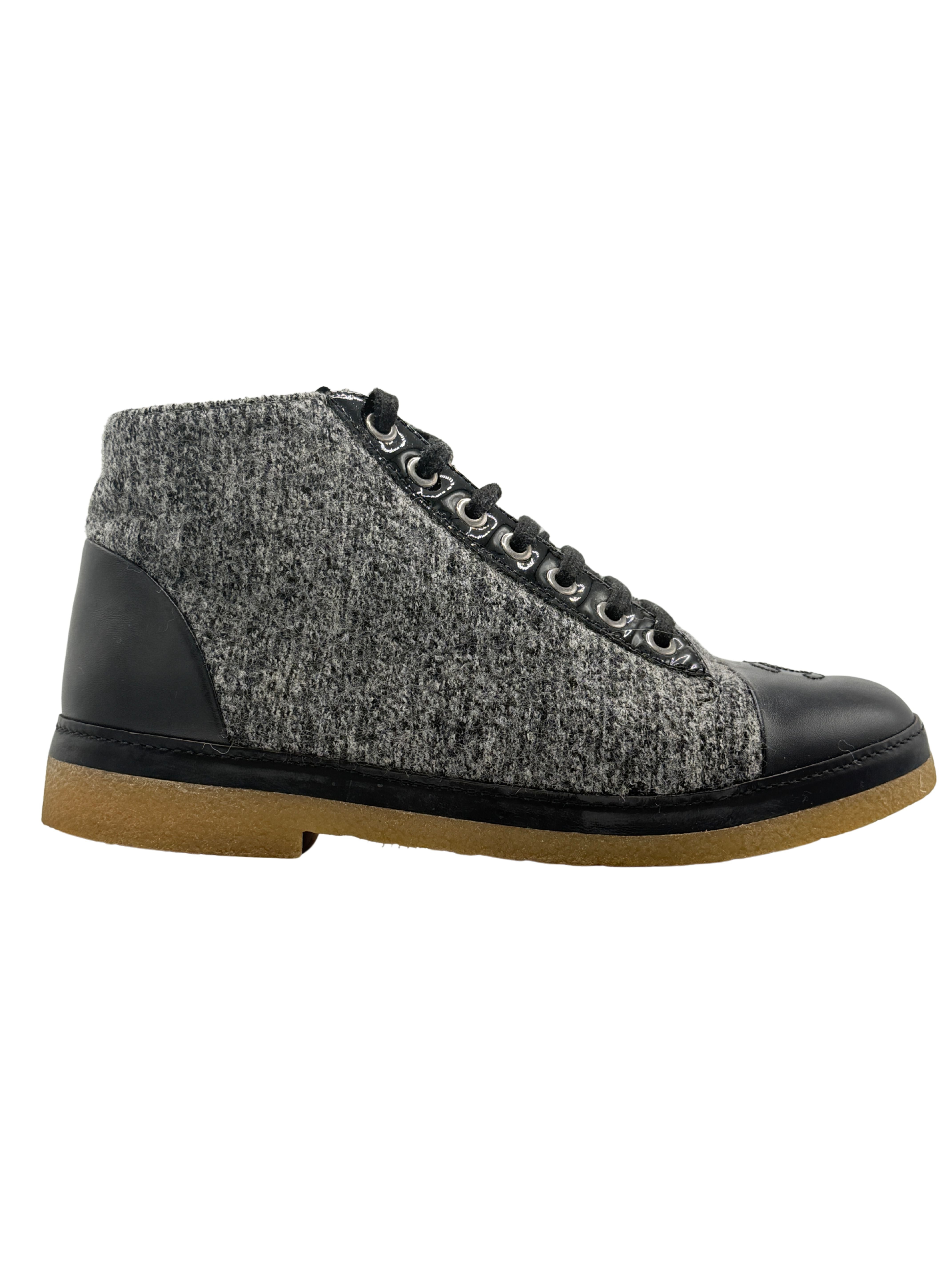 Chanel Tweed and Leather CC Cap Toe High Top Sneakers - Grey