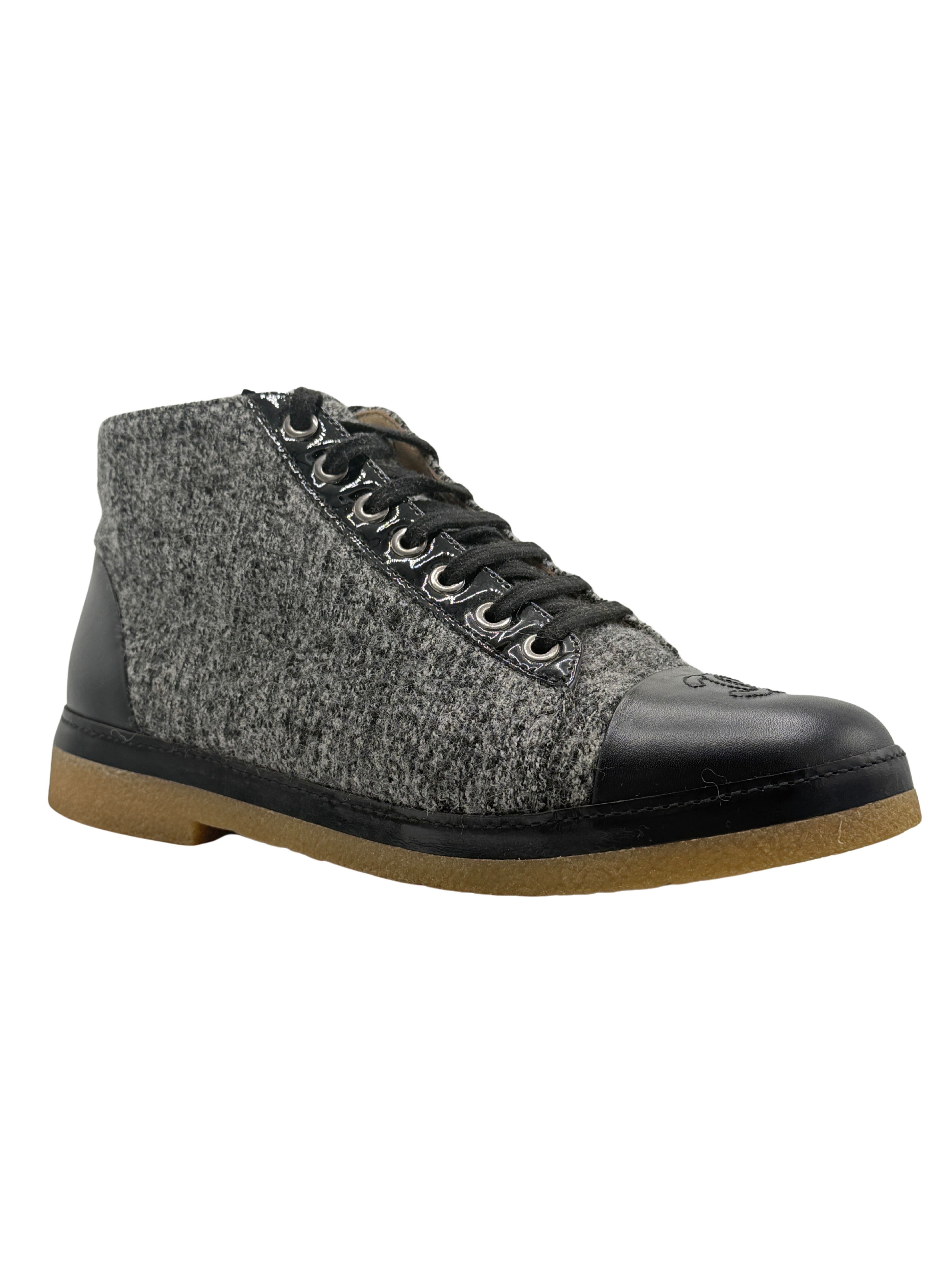 Chanel Tweed and Leather CC Cap Toe High Top Sneakers - Grey