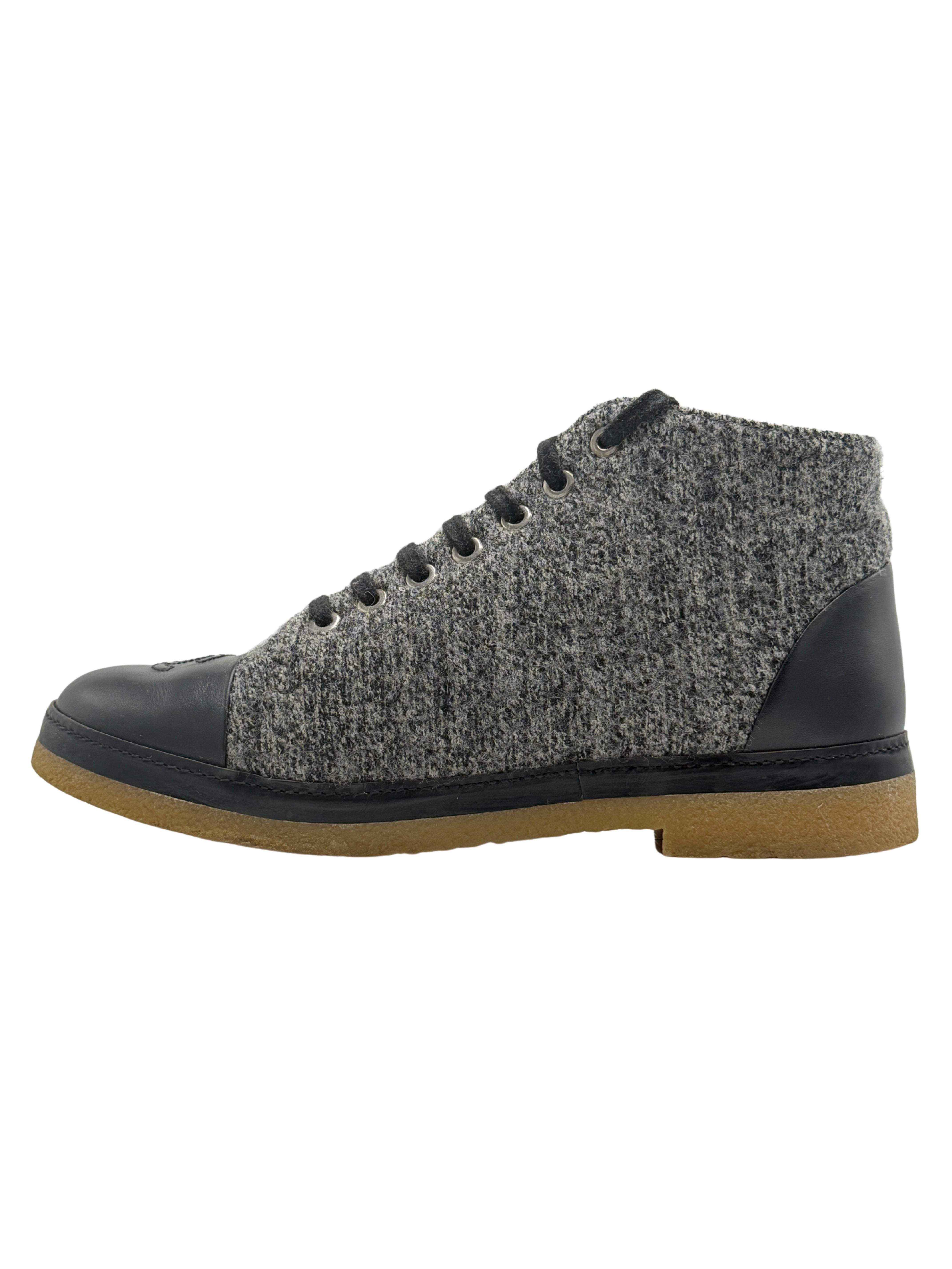Chanel Tweed and Leather CC Cap Toe High Top Sneakers - Grey
